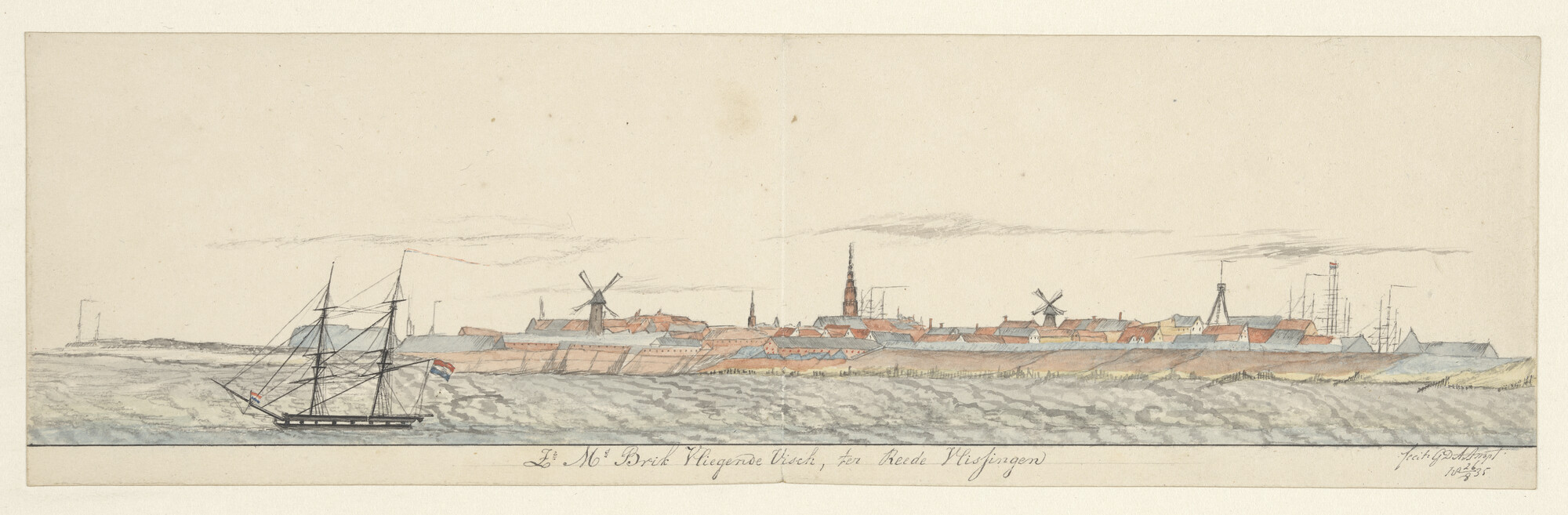 S.4701(01); De brik Zr.Ms. Vliegende Visch op de rede van Vlissingen; tekening