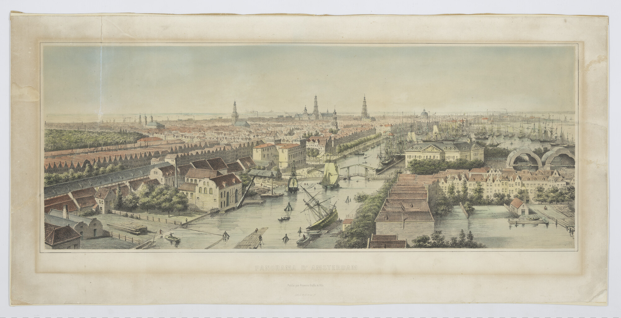 2006.0033; Kleurenlithografie van een panorama van Amsterdam; lithografie