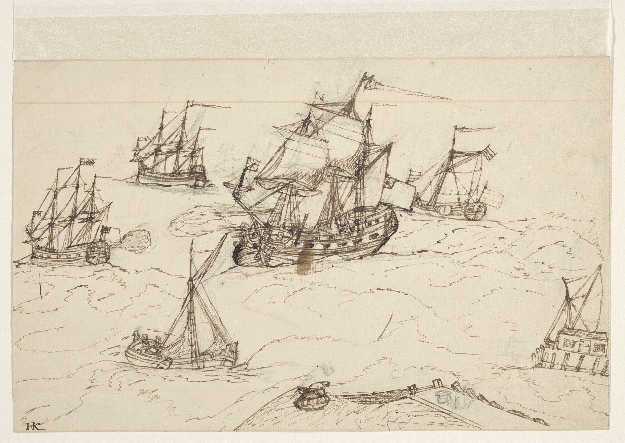 S.4317(38)a11; Vijf diverse scheepstypen bij een havenmond; tekening