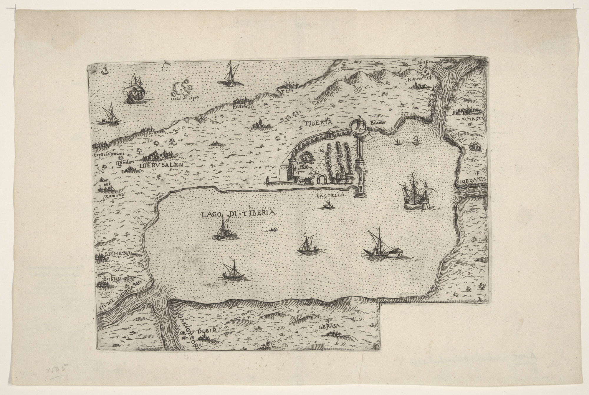 A.0145(211)010; Kaart van het meer van Tiberias in Palestina / Israel, anoniem, circa 1565; landkaart