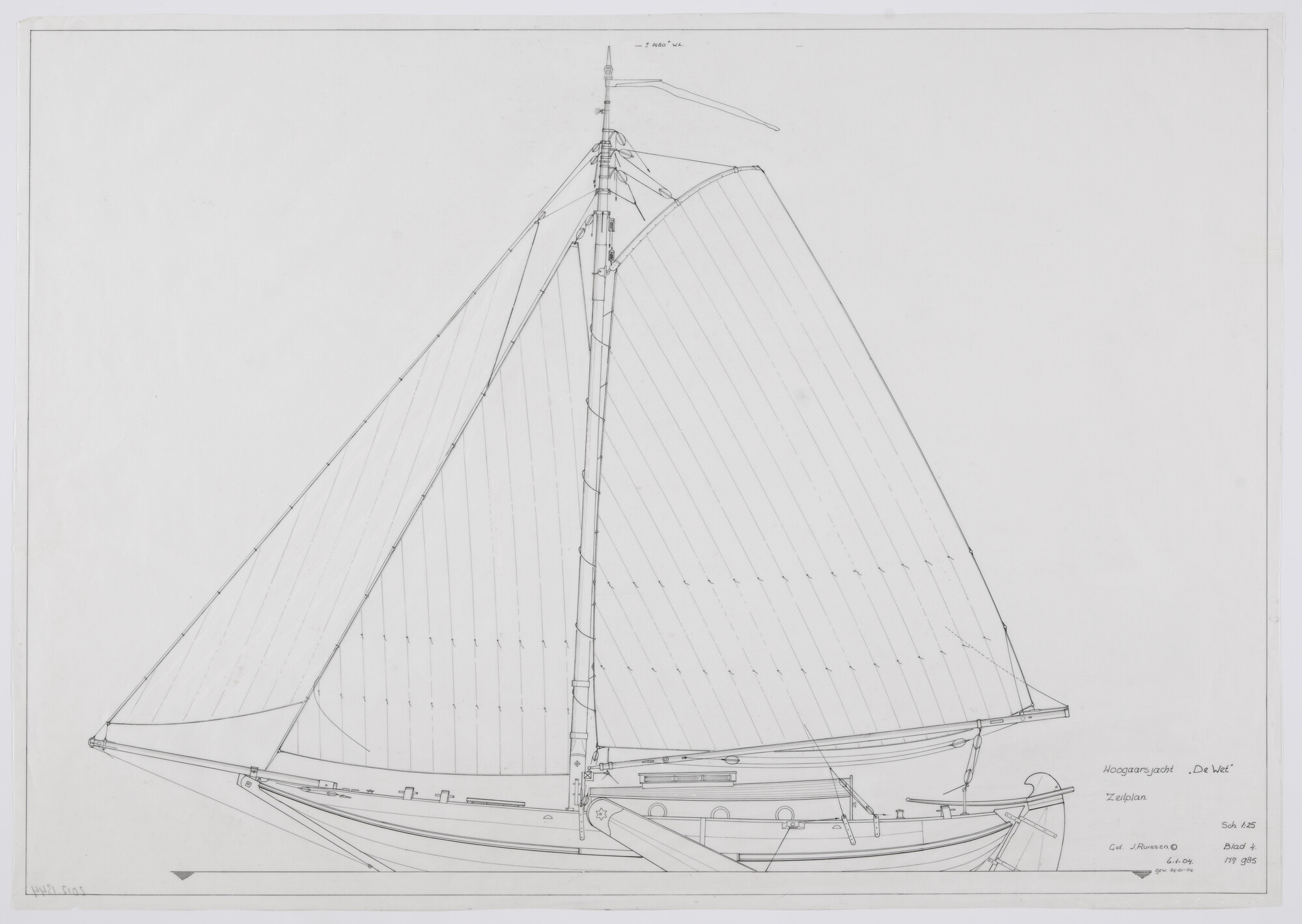 2012.1344; Zeilplan van het hoogaarsjacht 'De Wet' van 14.05 meter; technische tekening