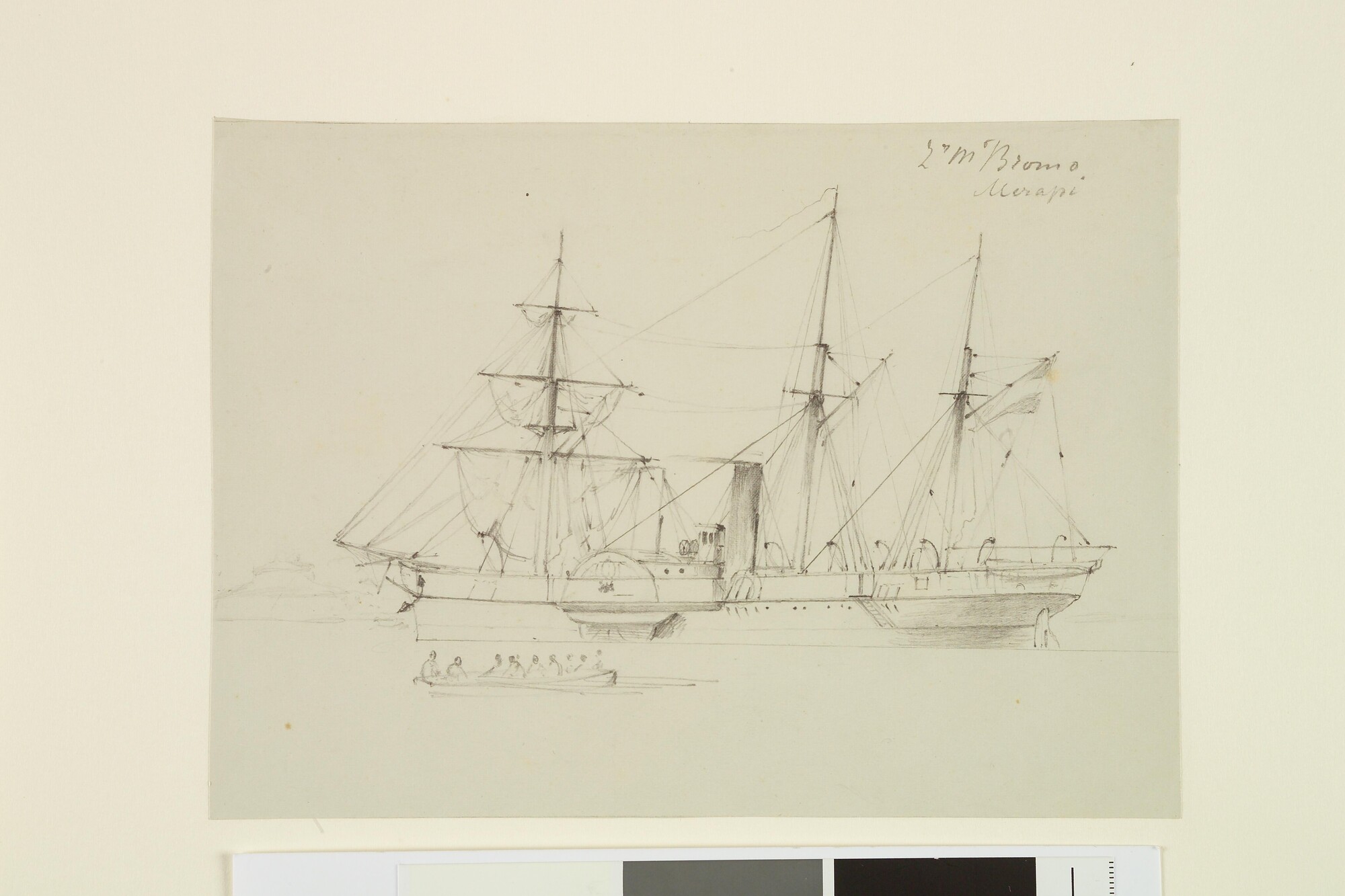 A.1361(20) [nr 0002]; Het raderstoomschip Zr.Ms. 'Bromo' ter rede van Merapi; tekening