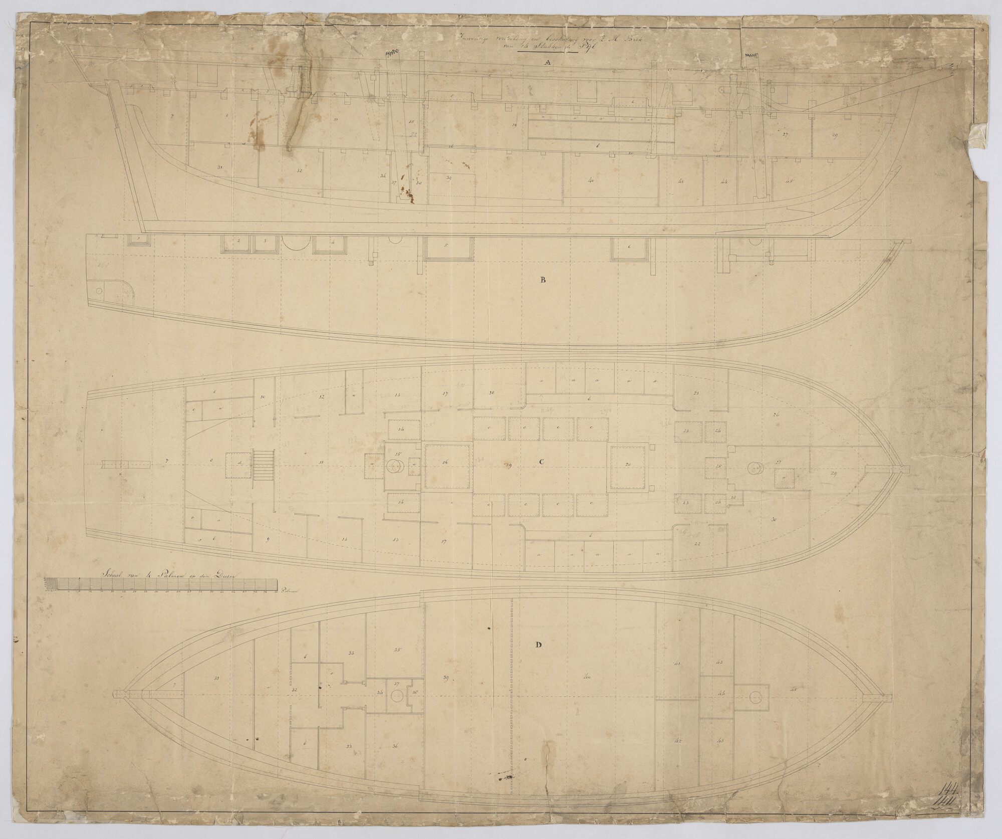 S.1214(0201); Dekplan van de brik Zr.Ms. 'Pijl'; technische tekening