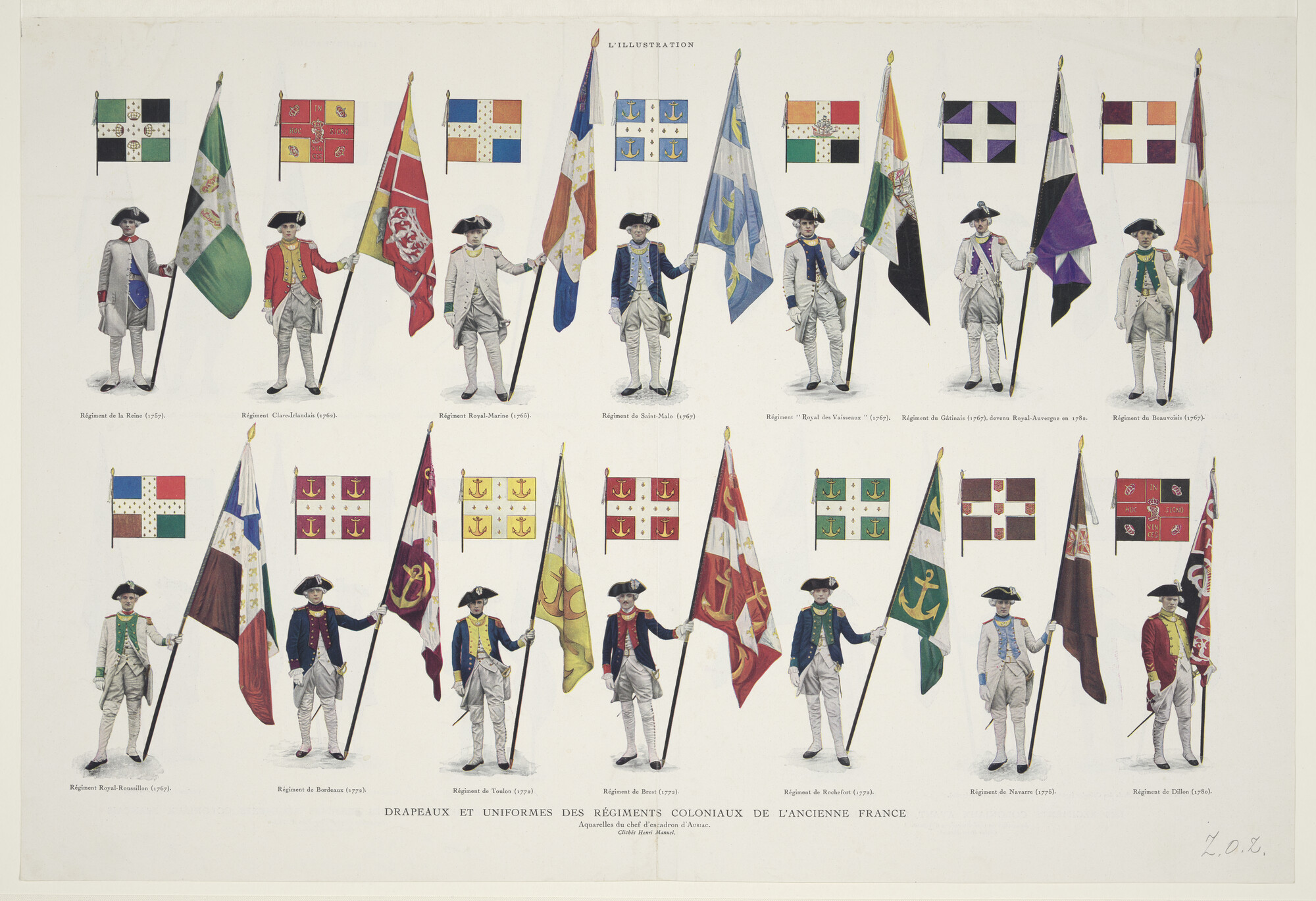 1995.4937-1; Vlaggen en uniformen van koloniale regimenten in Frankrijk voor de Franse Revolutie; prent