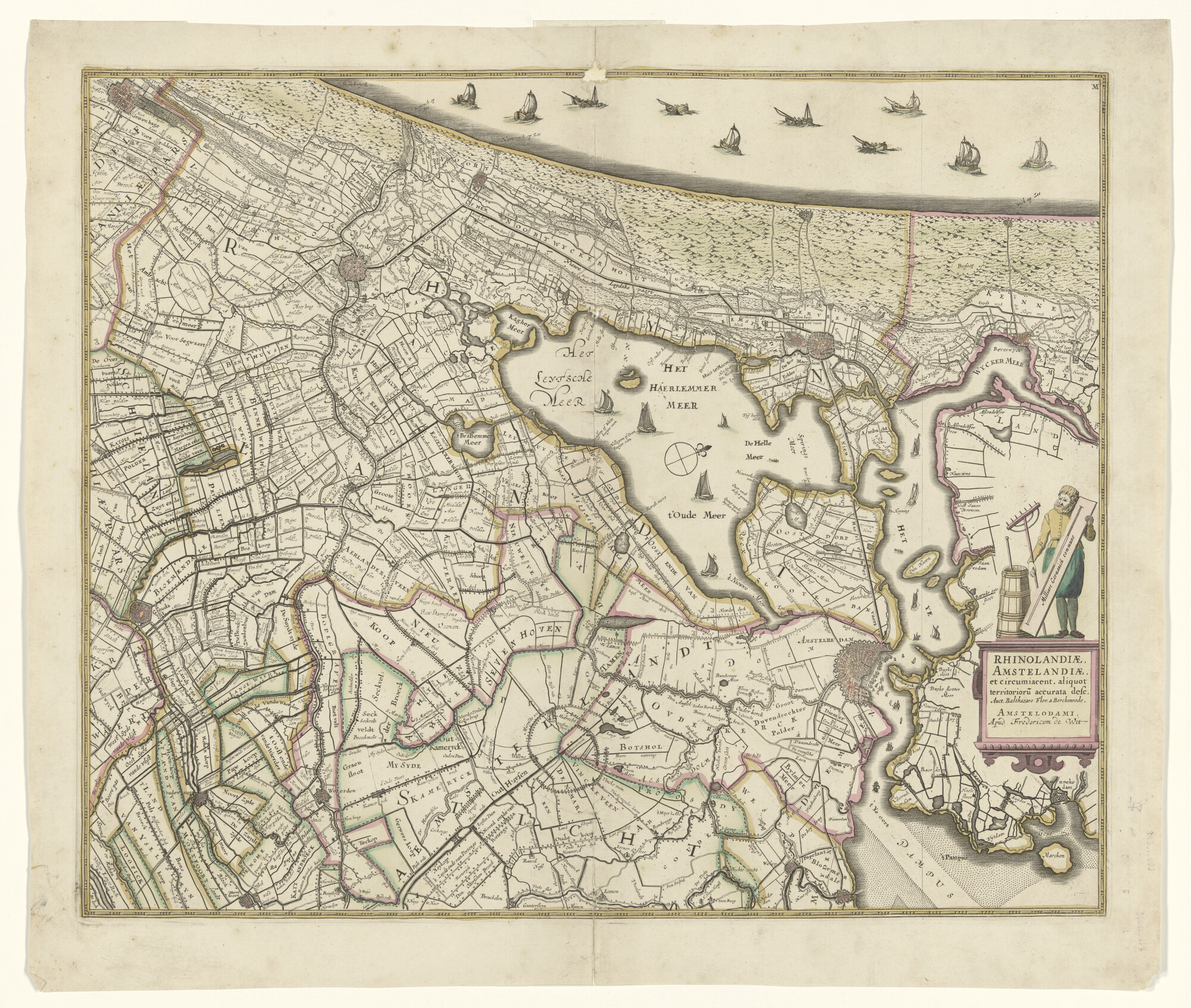 1997.3610; Met de hand gekleurde kaart van Rijnland & Amstelland door Balthasar Floris van Berckenrode (1562 - 1616); landkaart