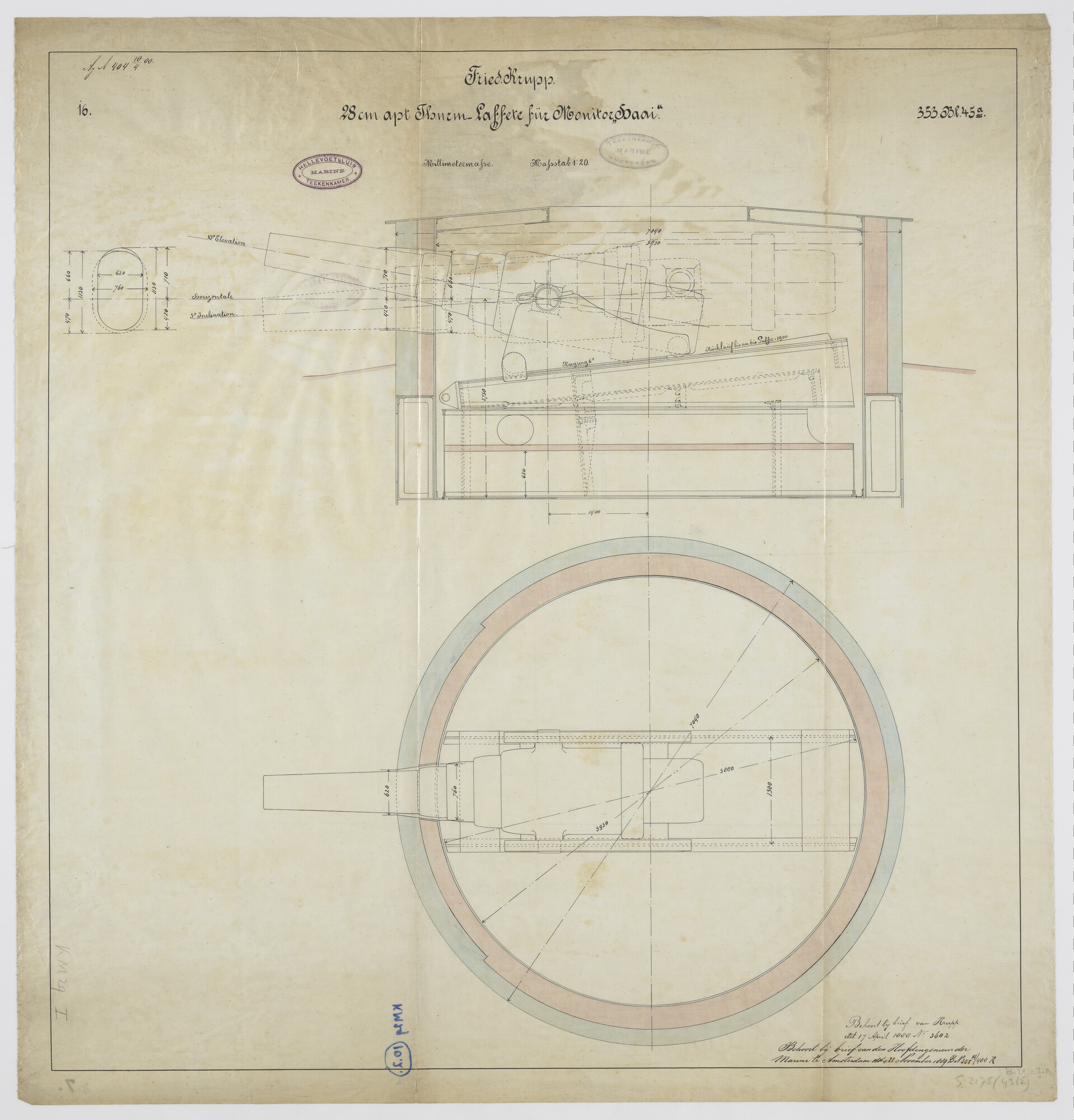 S.2175(4362); Geschuttoren met 28 cm kanon van de monitor Zr.Ms. 'Haai'.; technische tekening