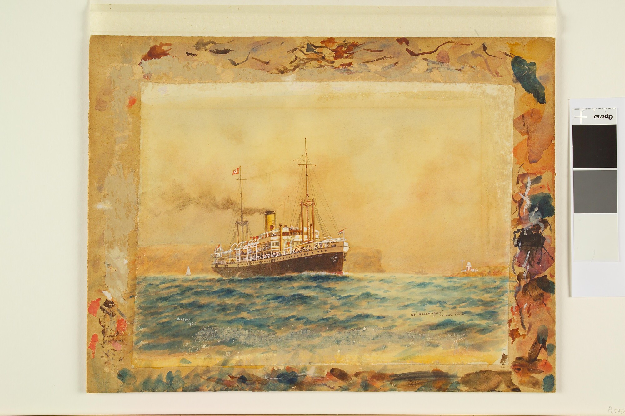 A.5772; Het passagiersschip ss. Roggeveen van de KPM op de rede van Sydney; tekening
