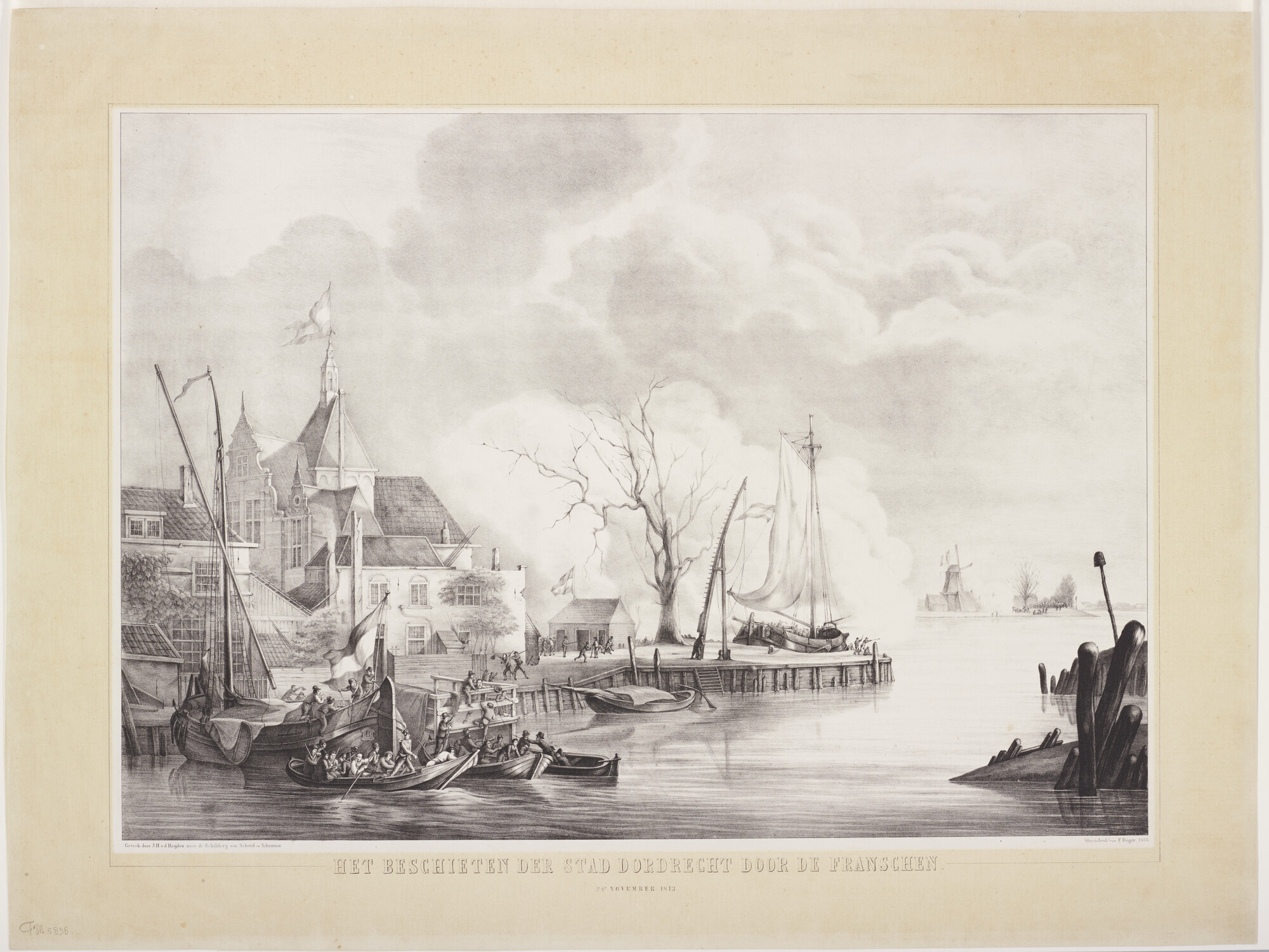 A.2779; Het beschieten van de stad Dordrecht door de Fransen, 24 november 1813; prent