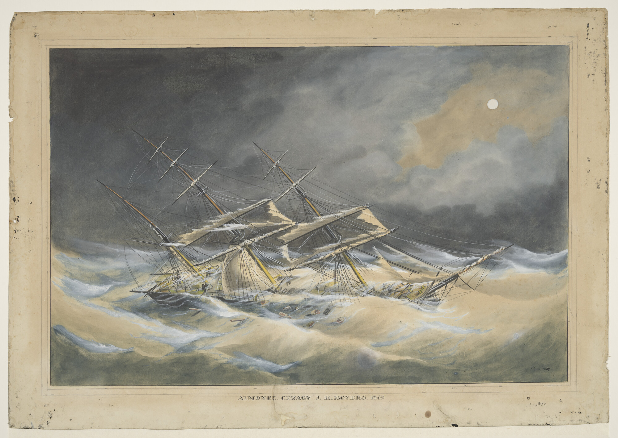 A.0037(09); Het barkschip Almonde in vliegend weer; tekening