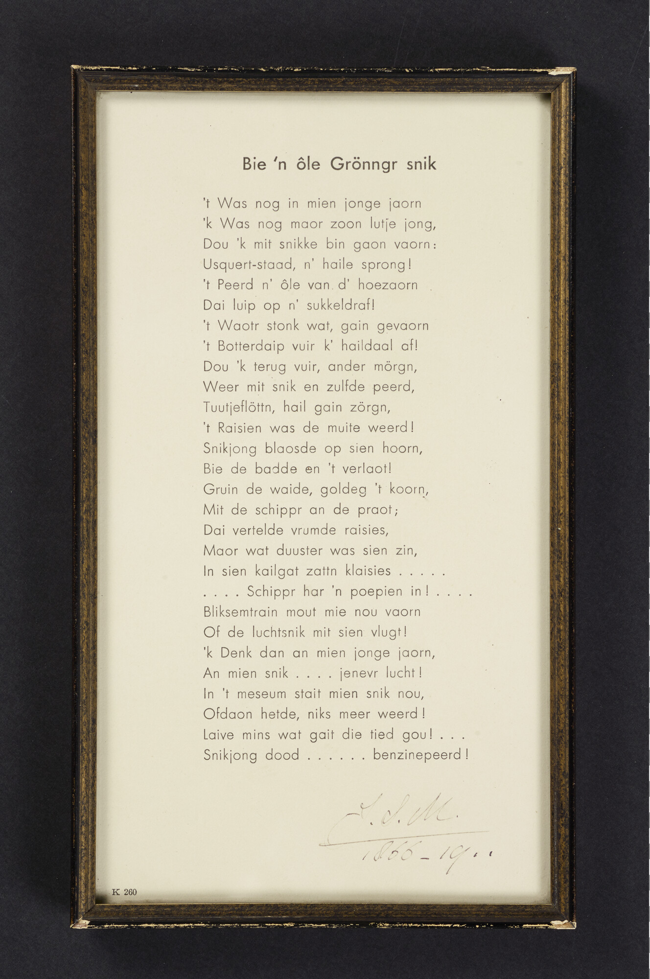S.1953(02); Een ingelijst gedicht in Gronings dialect; gedicht