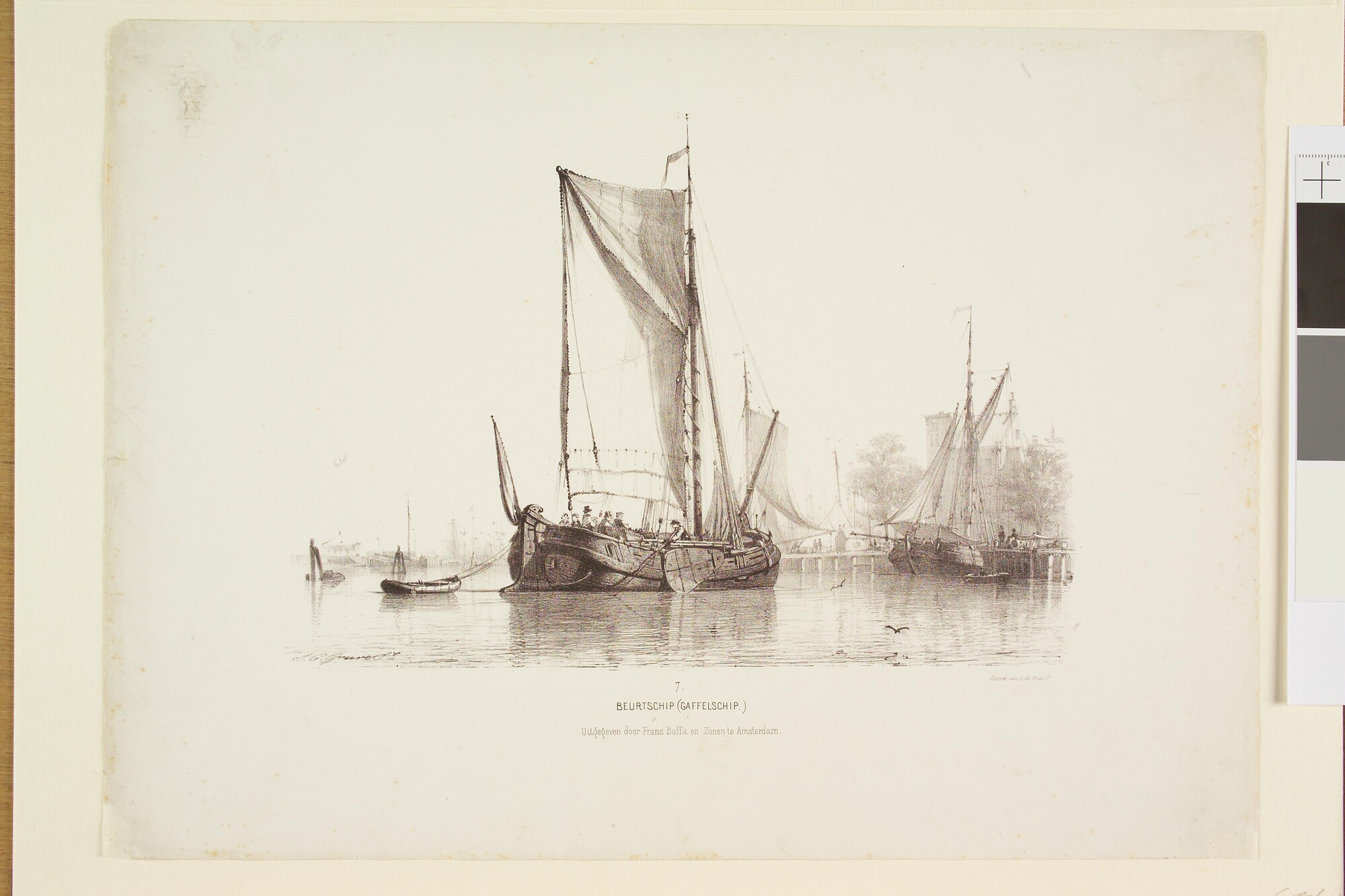 S.1330(07); Prentserie 'Studien van Hollandsche Schepen', nummer 7: een beurtschip of gaffelschip in een haven; prent