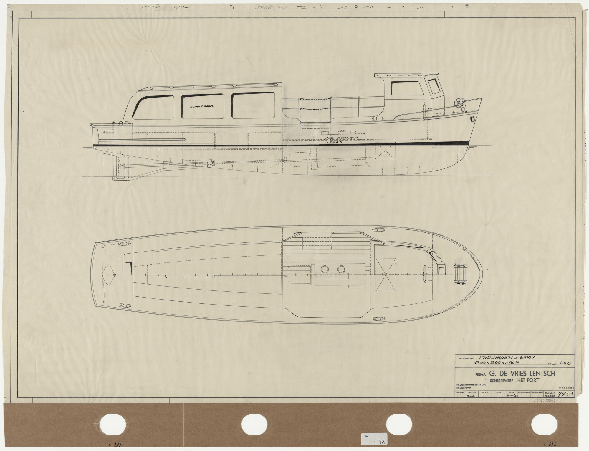 S.5180(0006); Algemeen plan van een passagiersboot; technische tekening