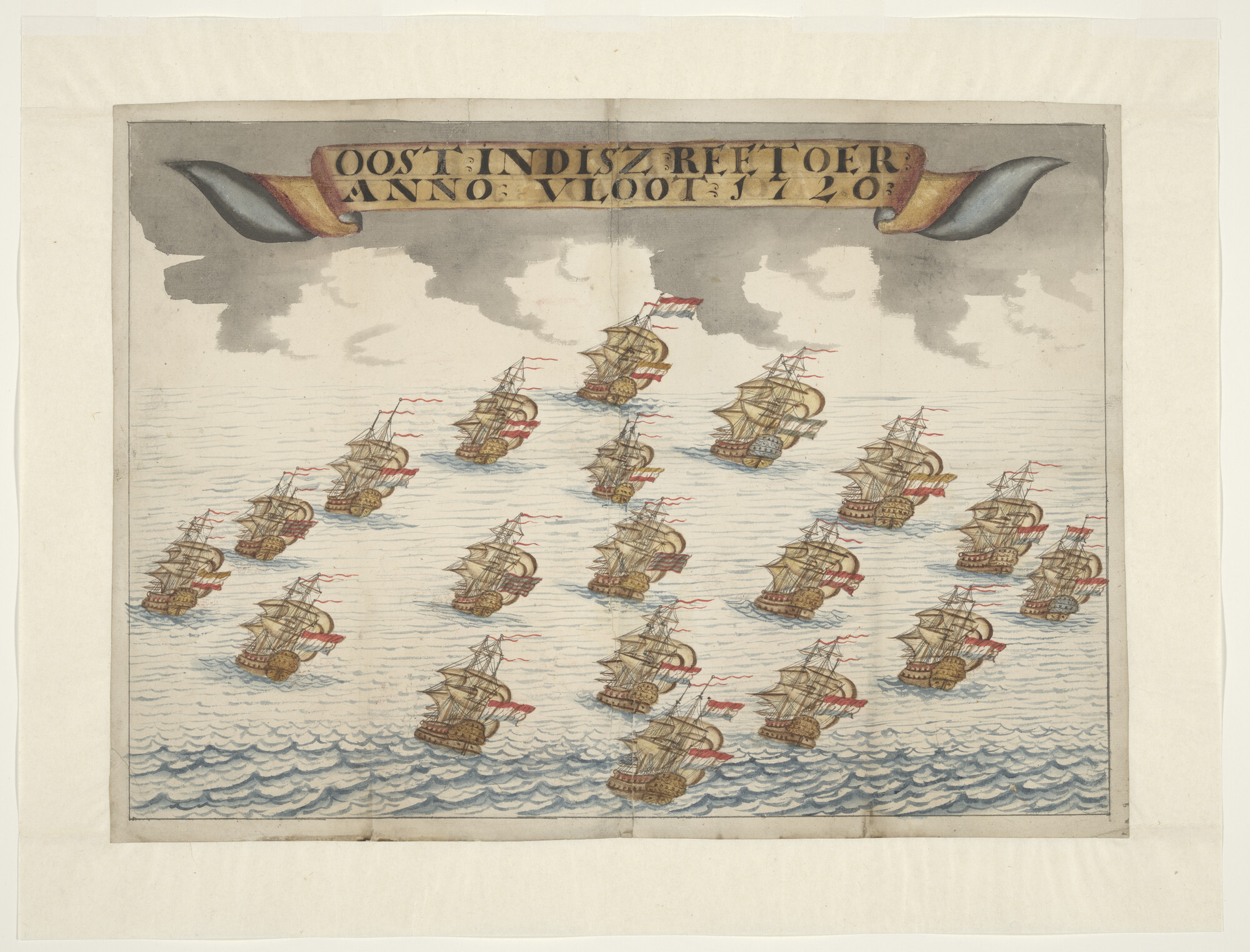 1989.0226; De Oostindische Retourvloot van 19 schepen,1720; tekening