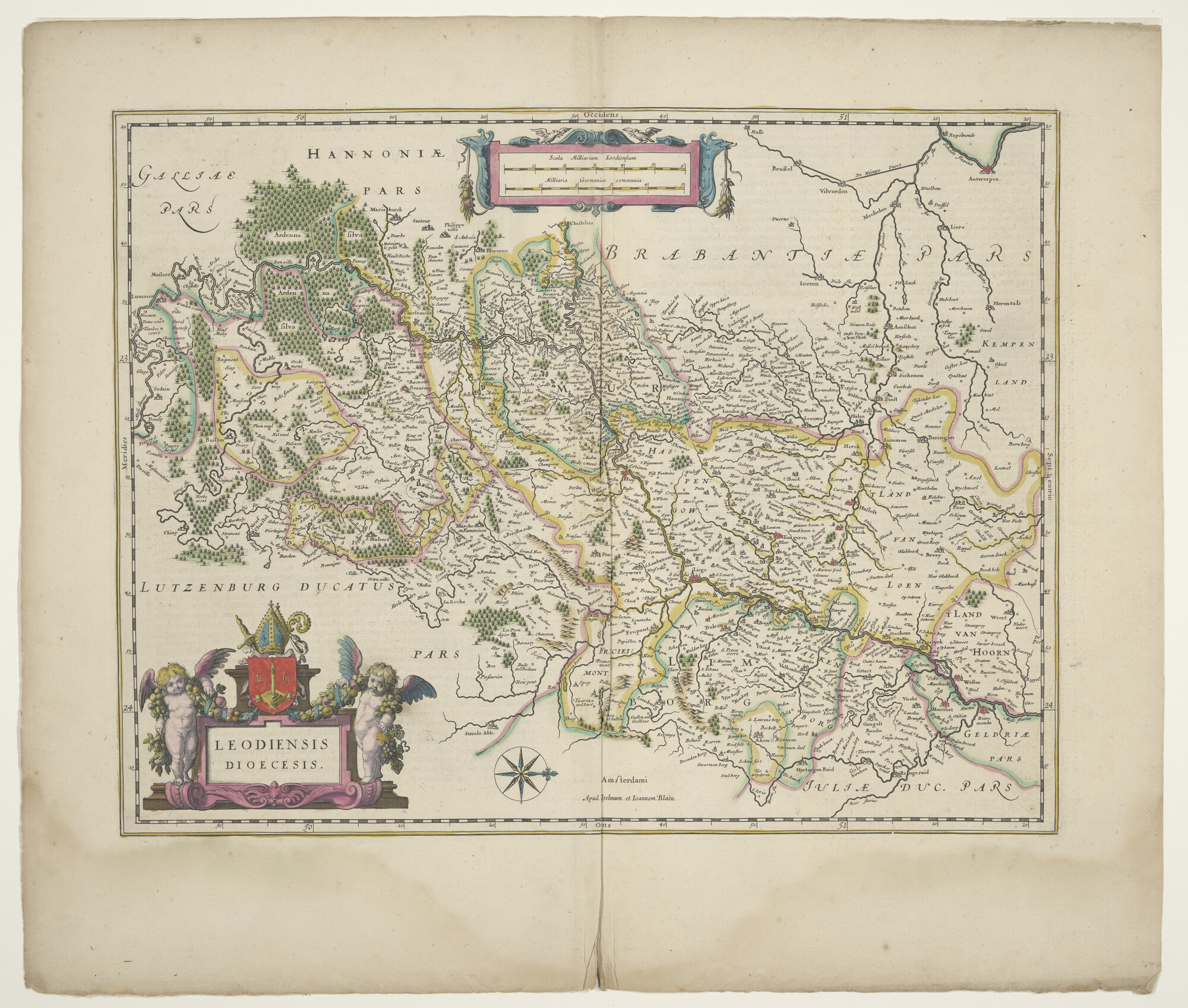 B.0216(0275); Met de hand gekleurde kaart van het bisdom Luik door Willem & Joan Blaeu; landkaart