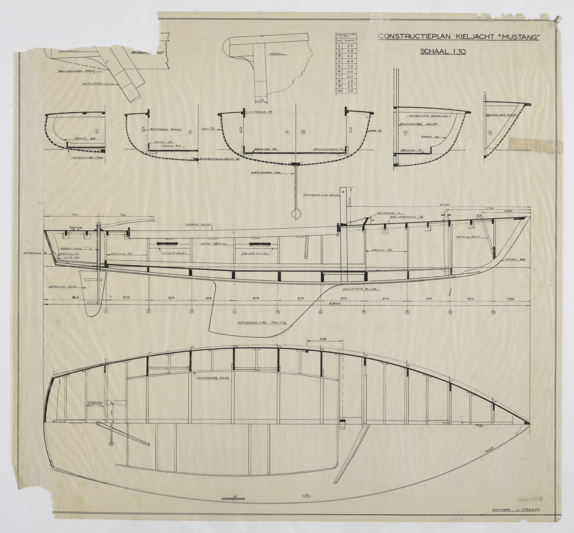 1994.4825; Constructieplan zeiljacht Mustang; technische tekening