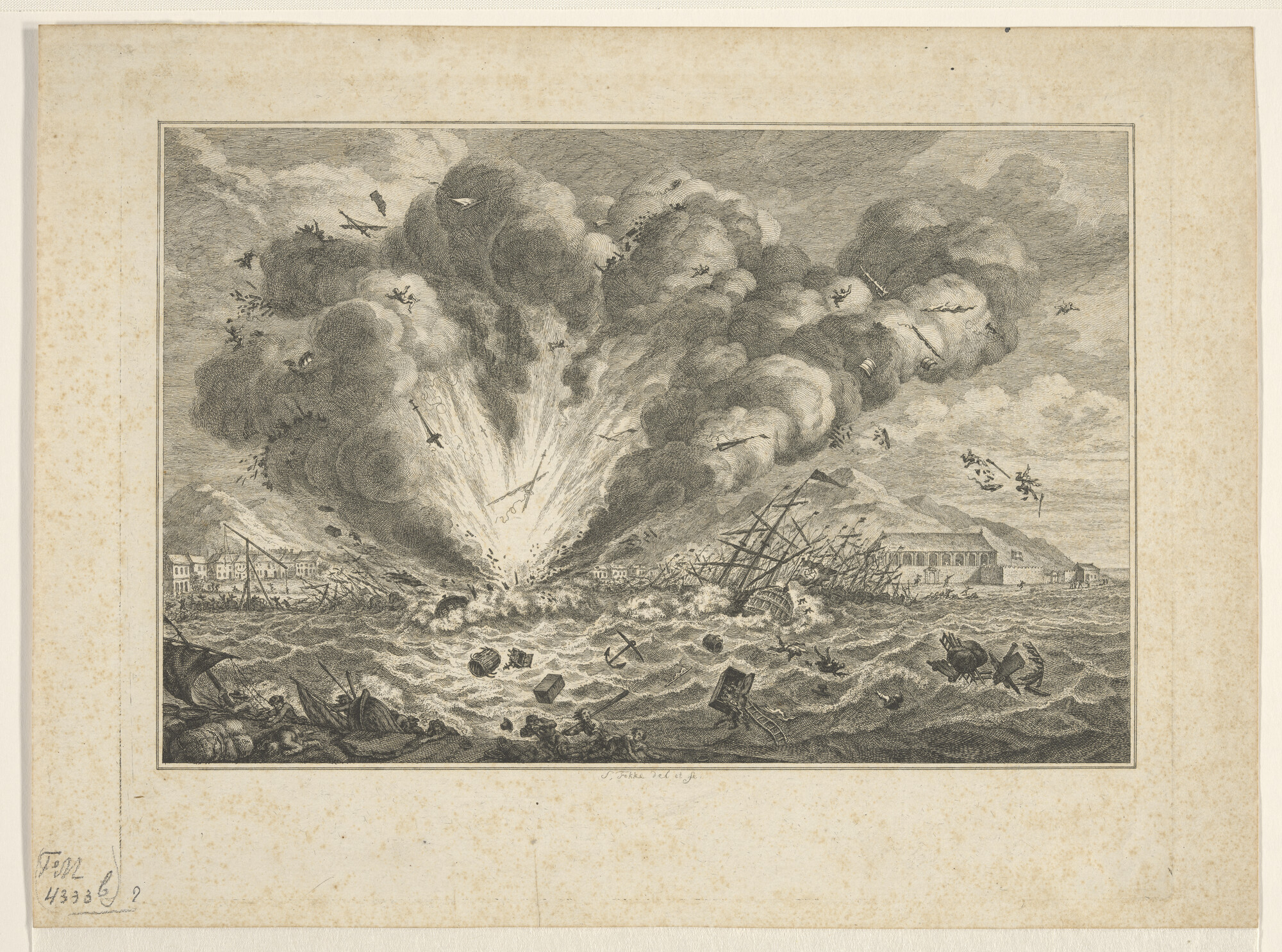 A.2244(05)2; Het in de lucht springen van het oorlogsschip 'Alphen' in de haven van Curaçao; prent