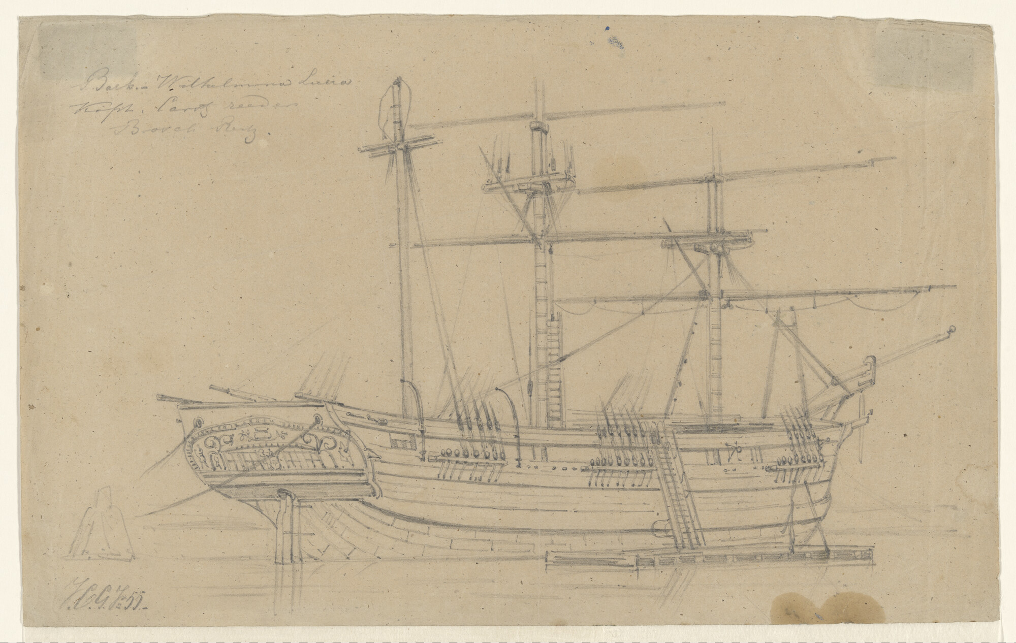 A.1971(02)1; Het barkschip 'Wilhelmina Lucia'; tekening