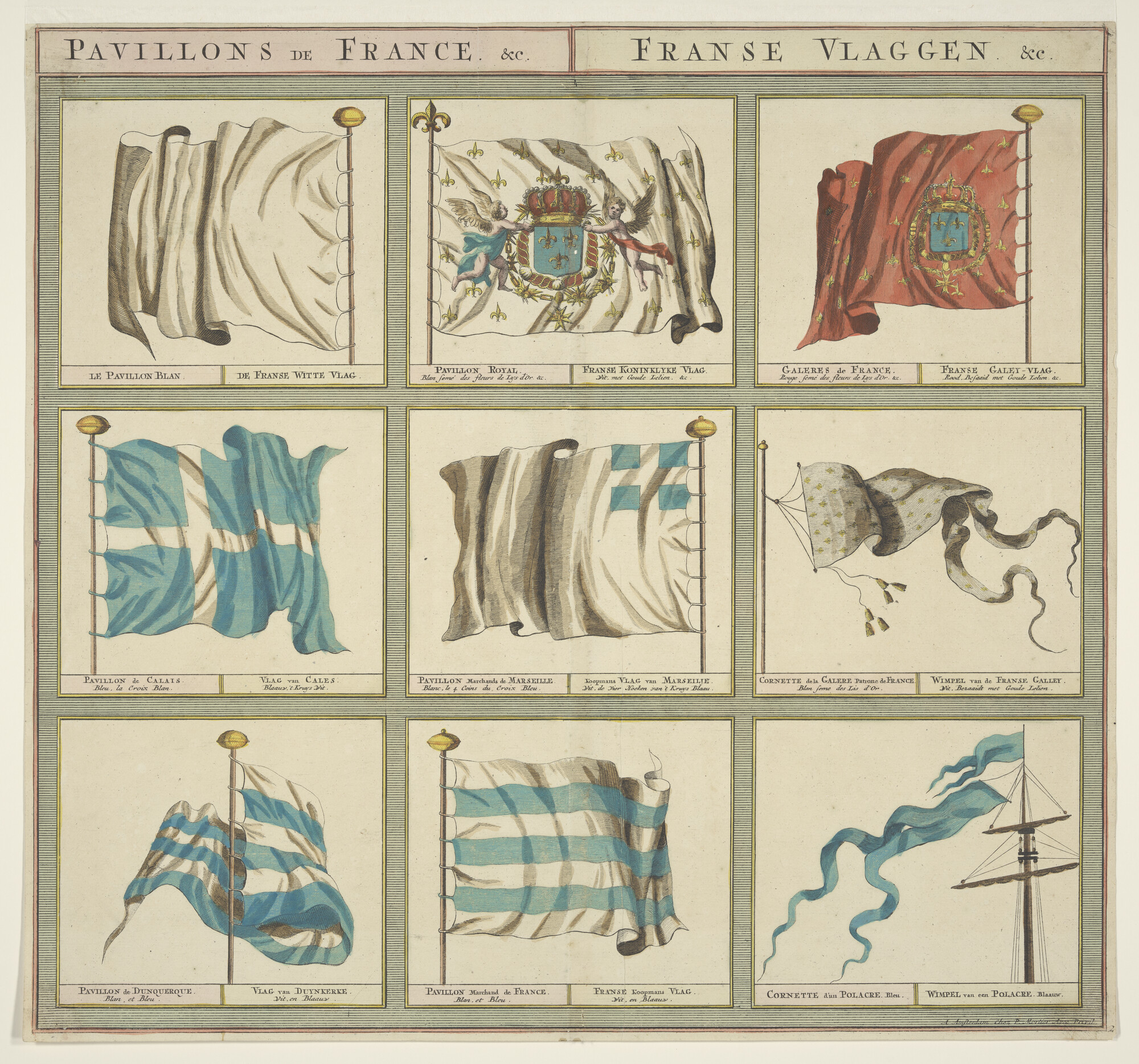 A.2855(11)02; 'Pavillons de France.' Vlaggenkaart met 9 vlaggen uit een serie van 12 bladen; prent