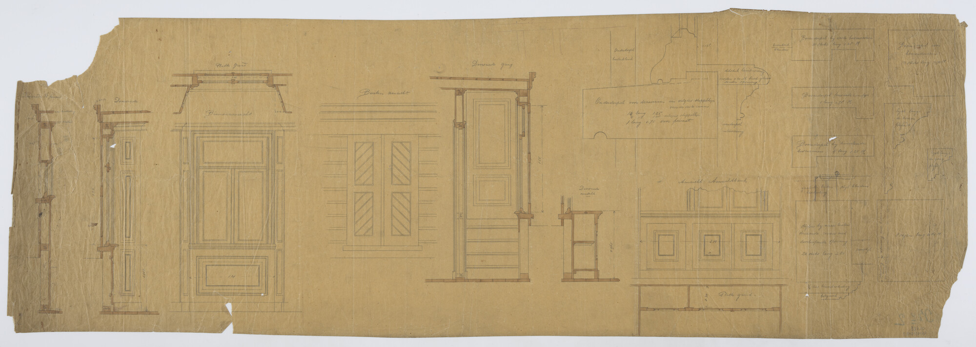 S.5181(012); Constructietekeningen van een houten trap, ramen, meubels, luiken en lambrisering; technische tekening