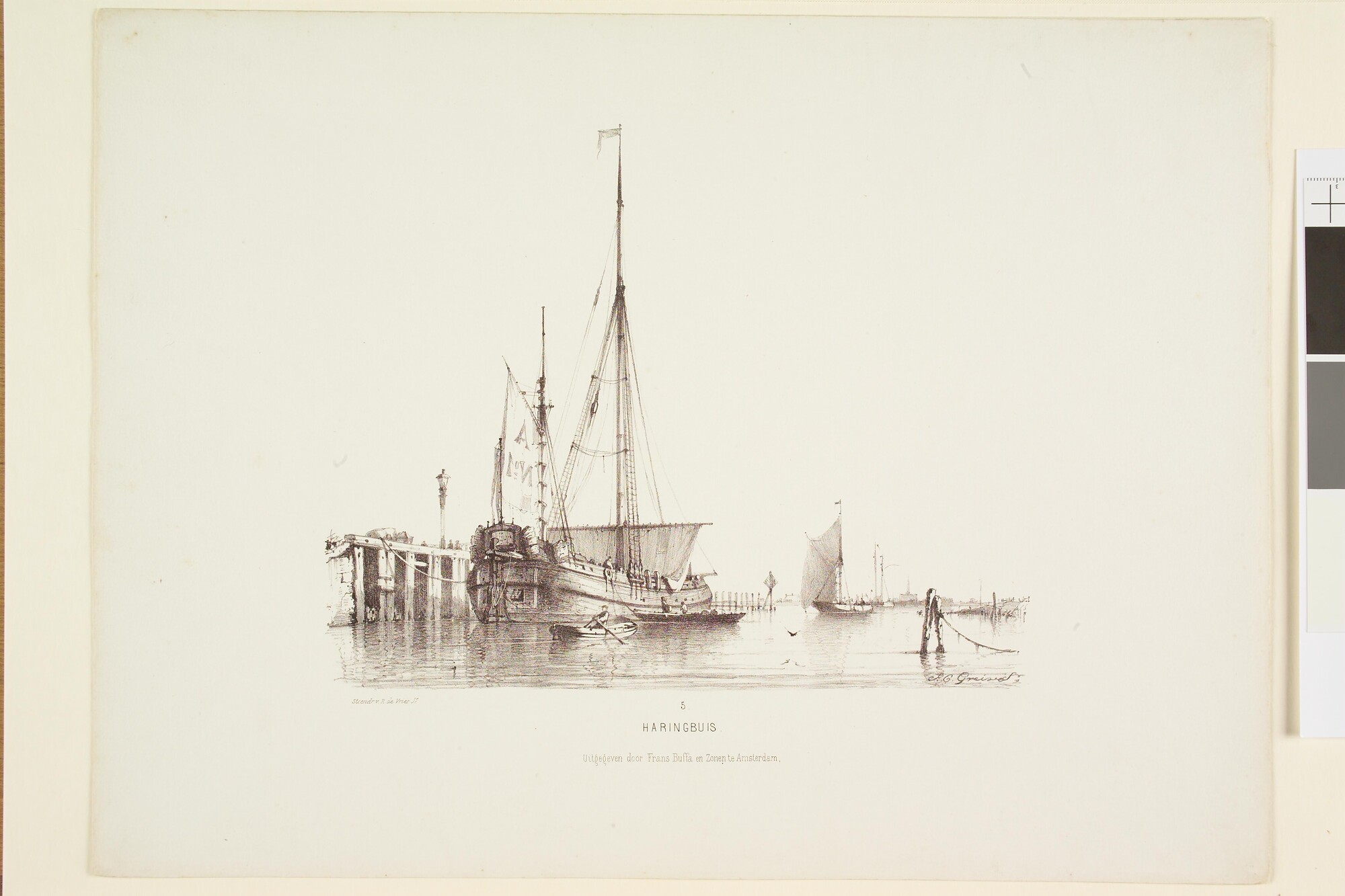 S.1330(05); Prentserie 'Studien van Hollandsche Schepen': een haringbuis aan de steiger; prent