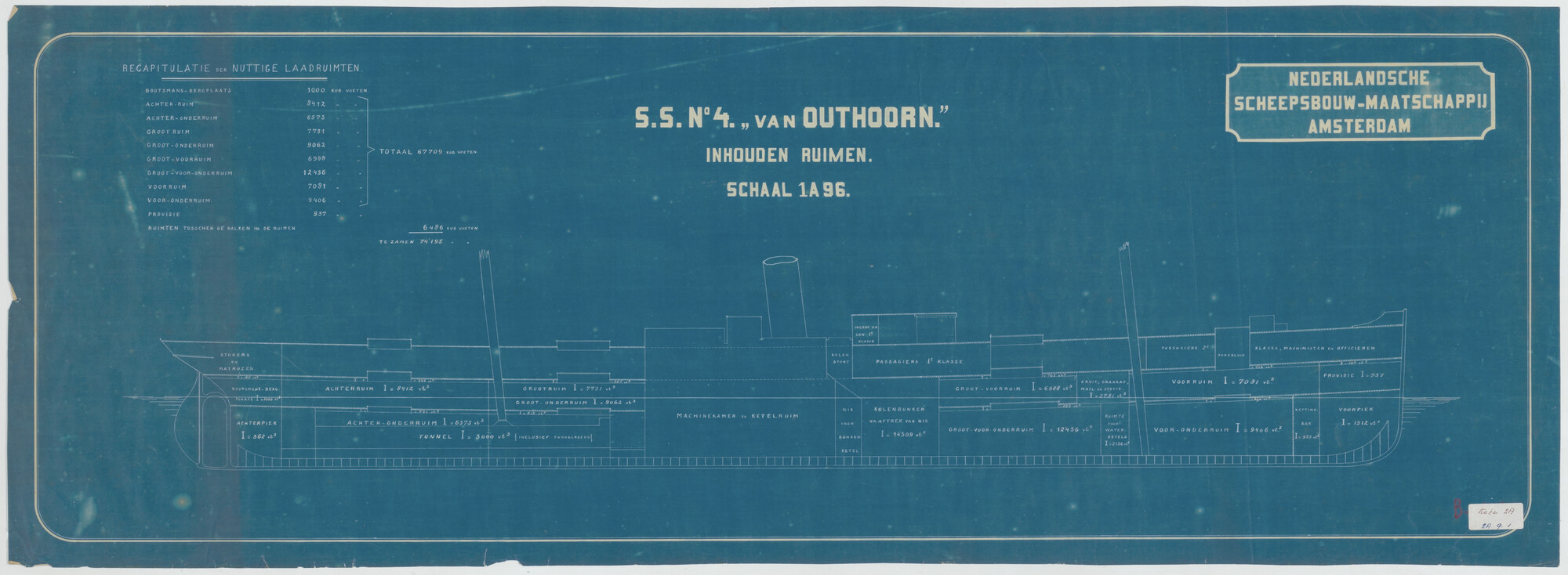 S.5444(002A.09.1); Inhoud laadruimen van het vracht- en passagiersschip ss. Van Outshoorn van [...]; technische tekening