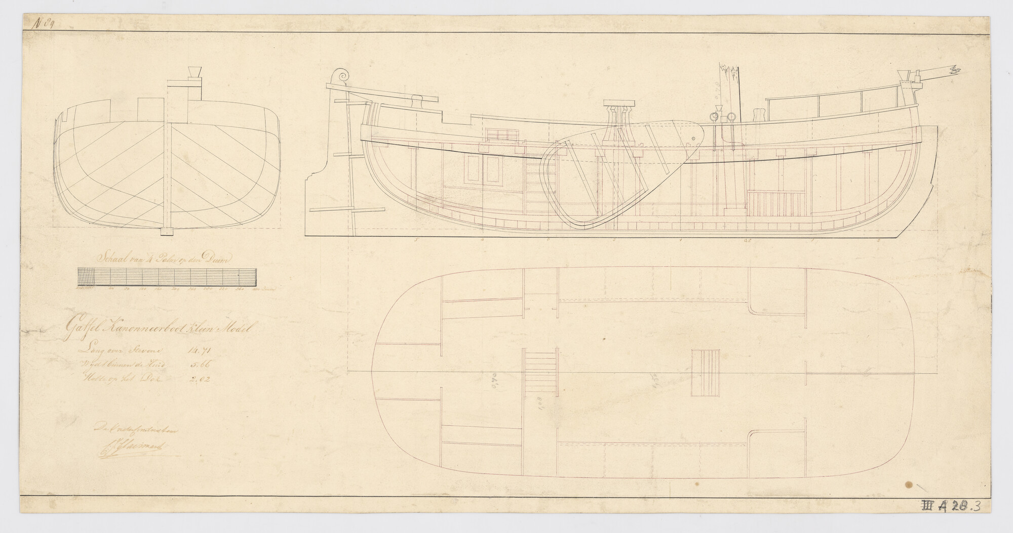 A.2470(19); Algemeen plan van een klein model gaffelkanonneerboot; technische tekening