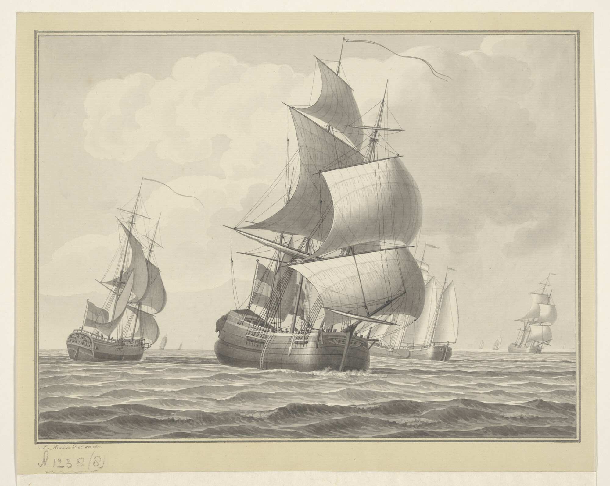 A.1238(08); Een bootschip in open water; tekening