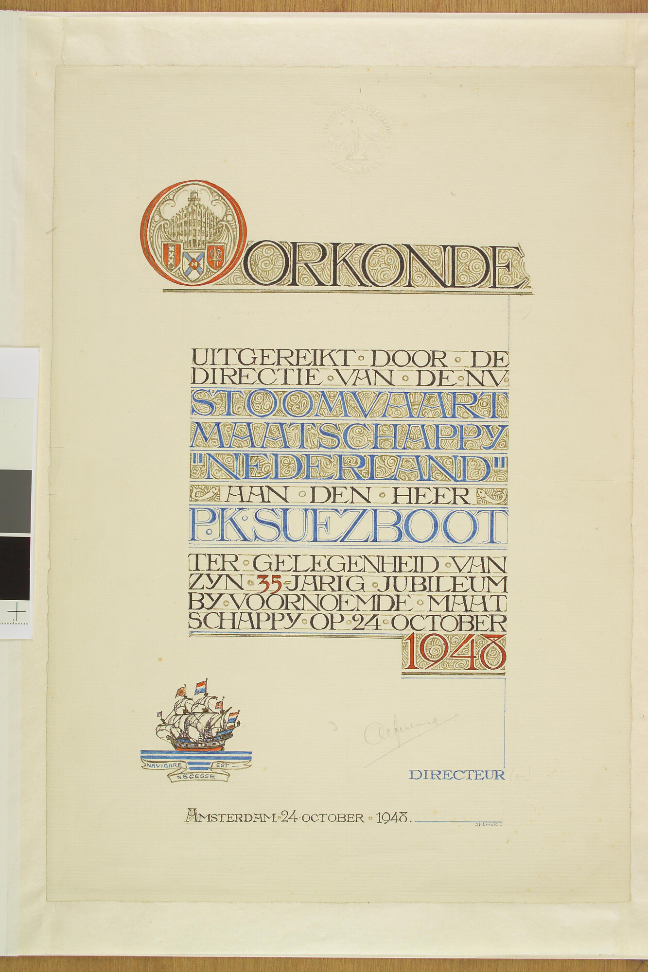 A.5809(02); Ontwerp voor een oorkonde, uit te reiken bij jubilea van de SMN; tekening