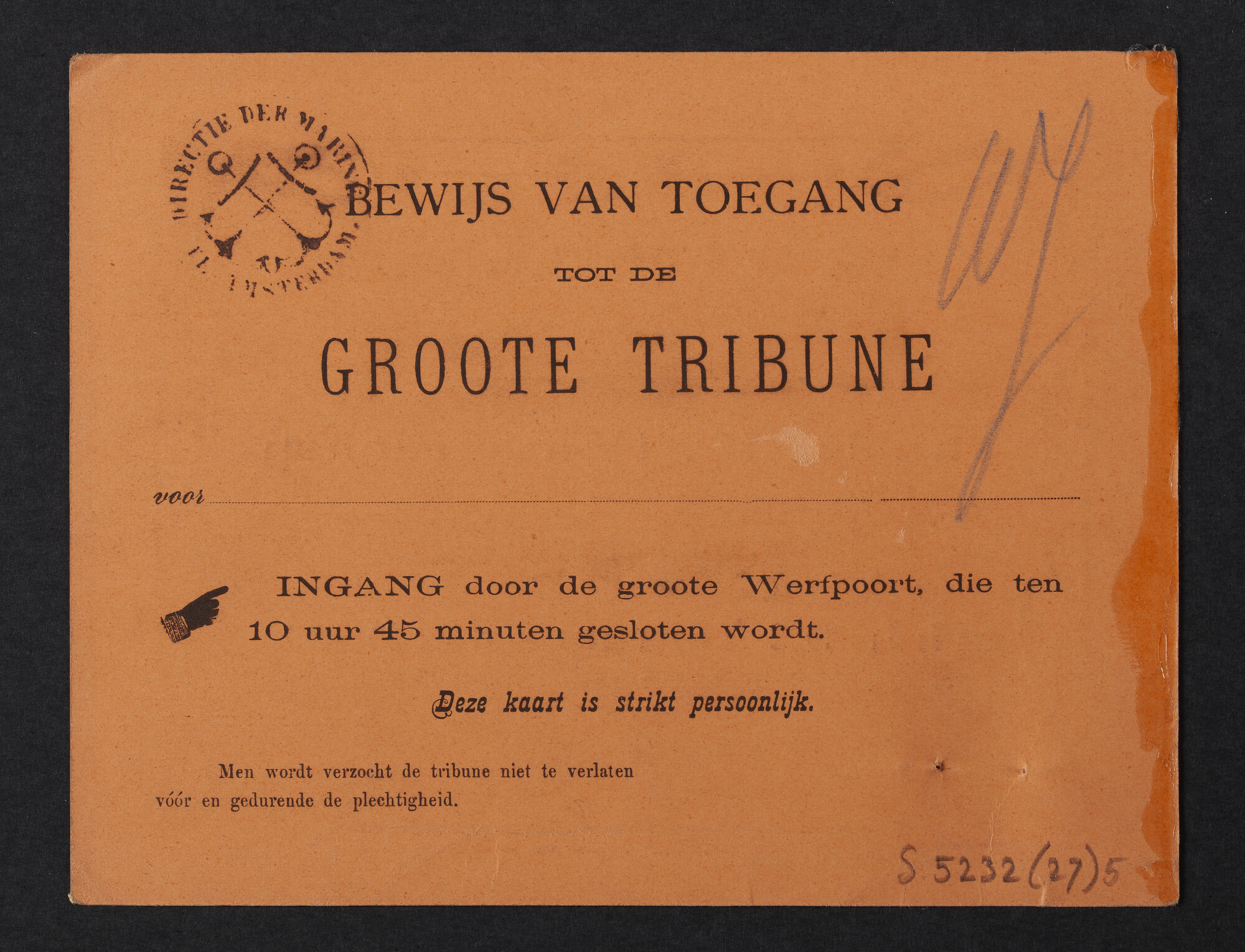 S.5232(27)5; Toegangsbewijs tot de tewaterlating van pantserschip Hr.Ms. Hertog Hendrik; toegangsbewijs