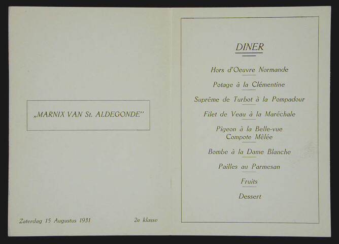 1997.0894; Menukaart voor een diner op 15 augustus 1931 aan boord van de 'Marnix van St; menukaart