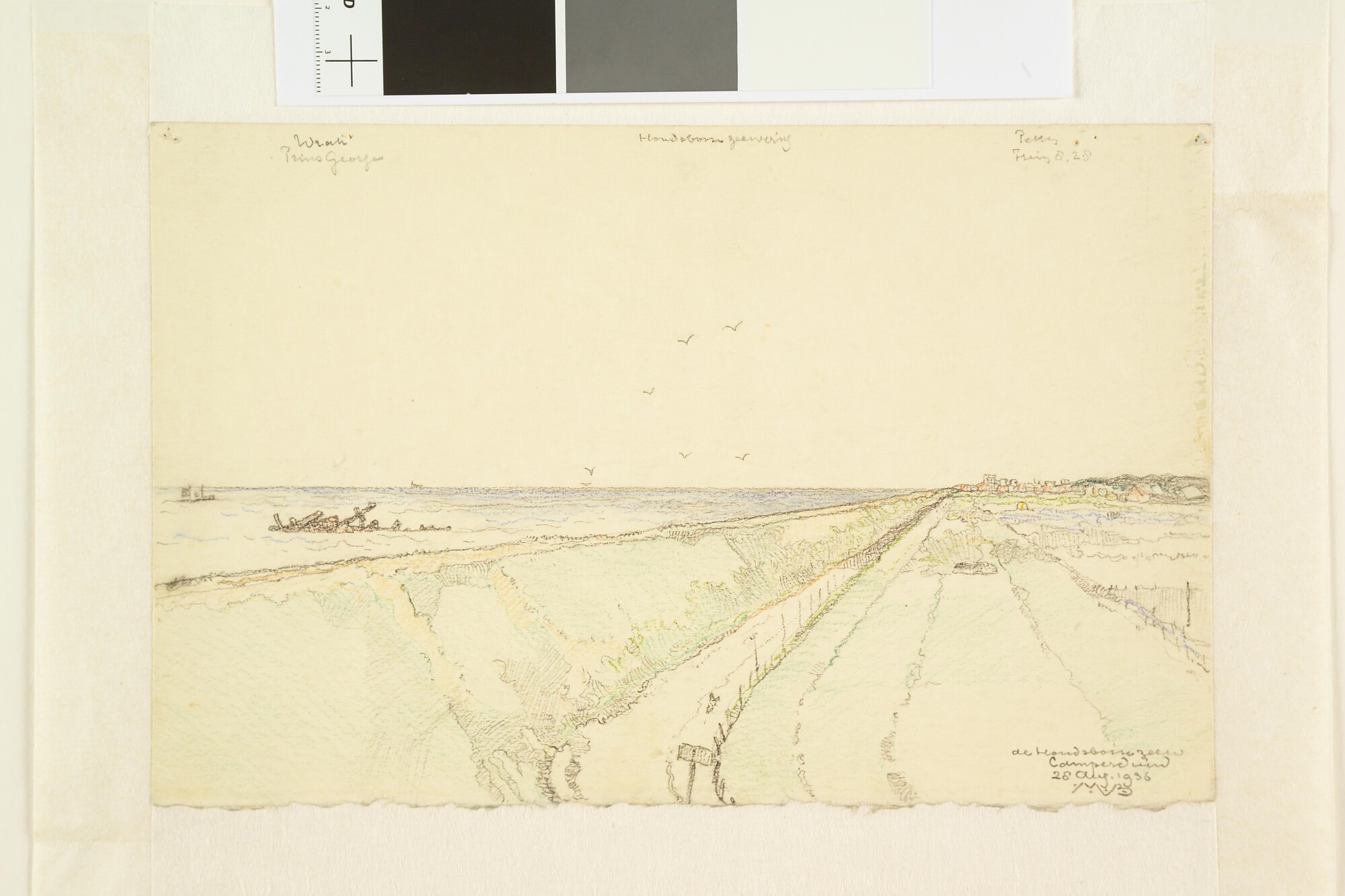 S.4364(11); Het wrak van de Britse kruiser HMS Prince George op het strand bij Kamperduin; tekening