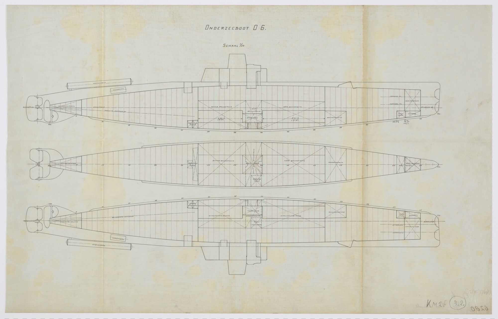 S.2175(3760); Algemeen plan van de onderzeeboot Hr.Ms. 'O 6'; technische tekening