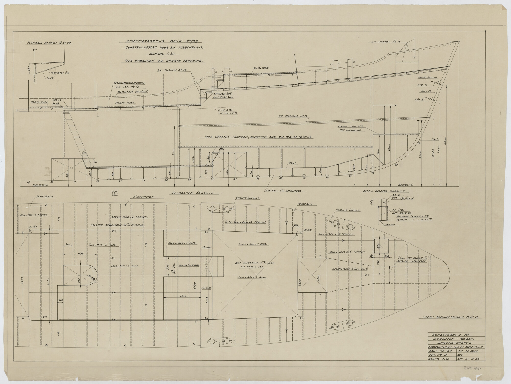2005.1941; Constructieplan van voor- en middenschip van het directievaartuig "Breezand"; technische tekening