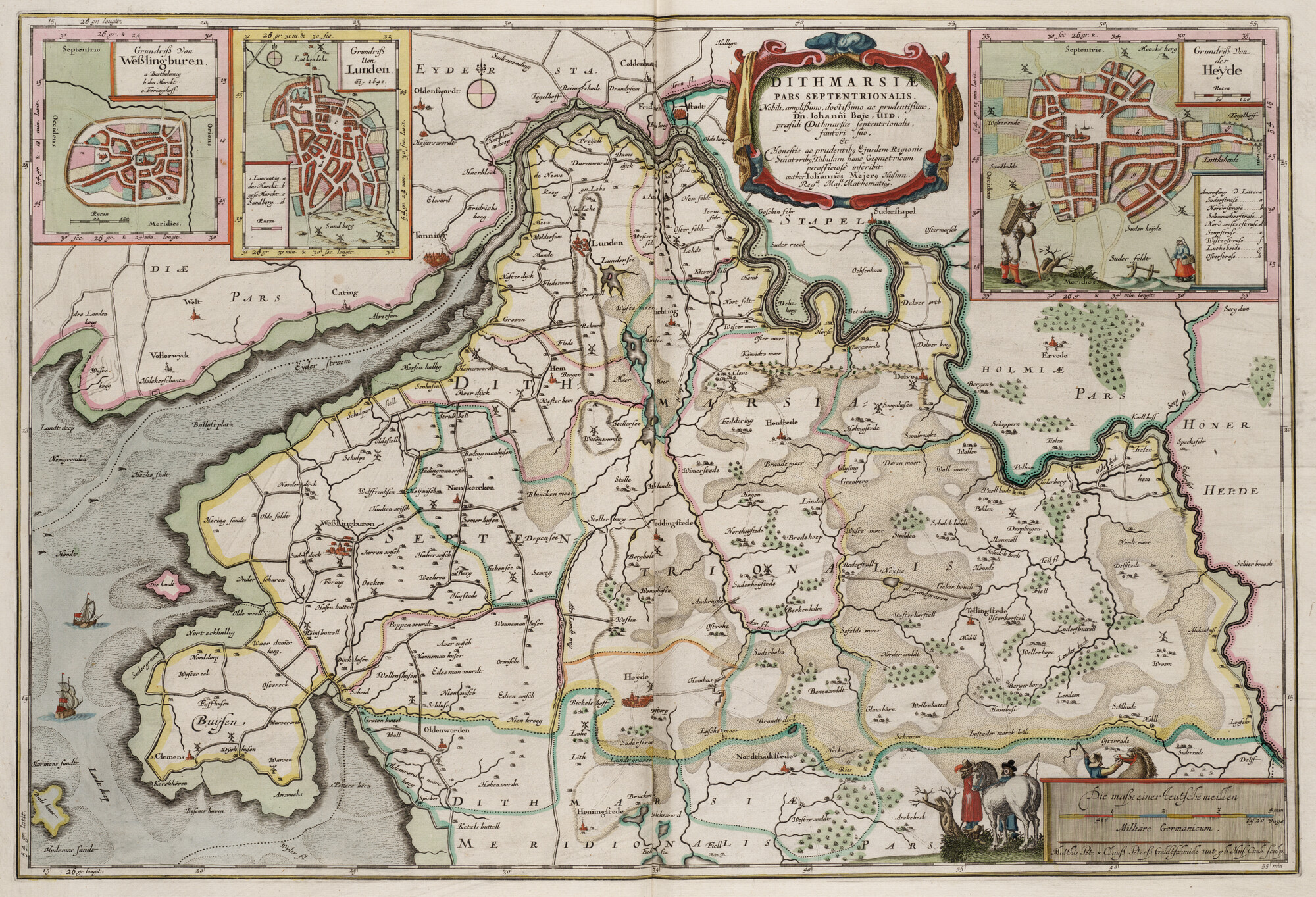 S.1034(02) [kaart 029]; Kaart van het noordelijk deel van Ditmarsen, met als inzetkaarten plattegronden van Heide, Lunden in 1648 en Wesslingburen; landkaart