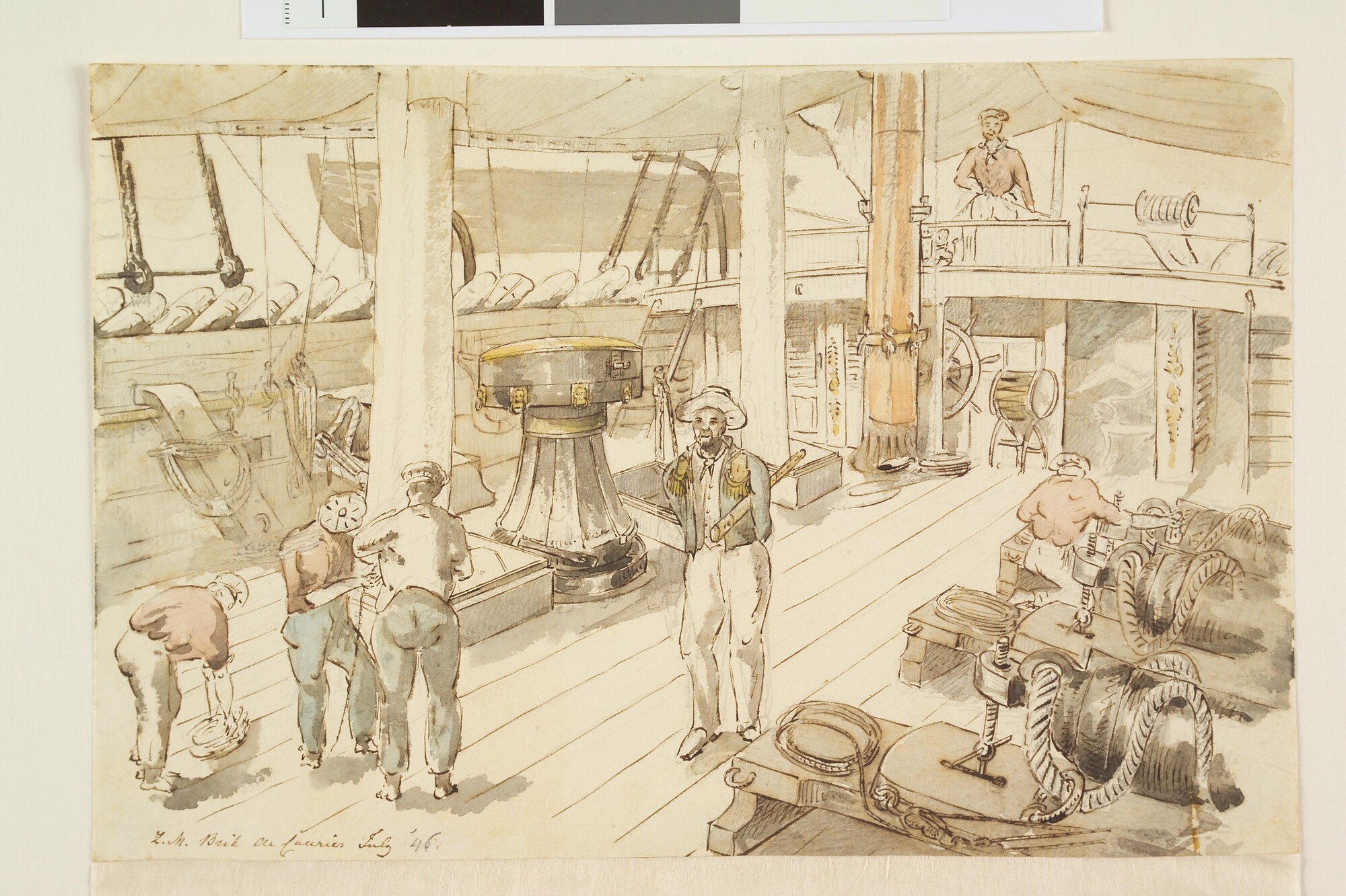 A.2668(04); Dekaanzicht aan boord van de brik Zr.Ms. Courier; tekening