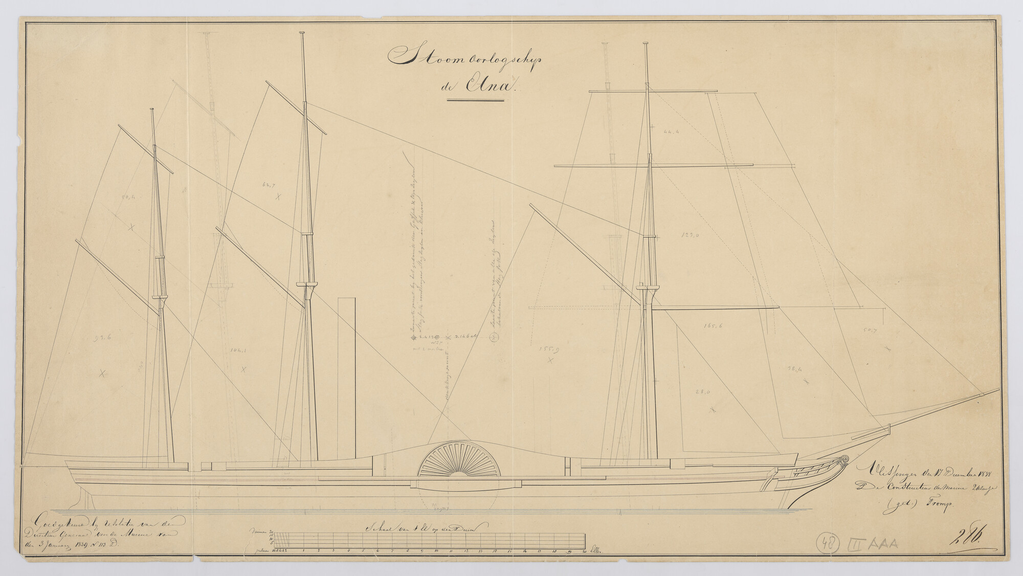 S.1214(0213); Tuigplan van het stoomraderschip Zr.Ms. 'Etna'; technische tekening