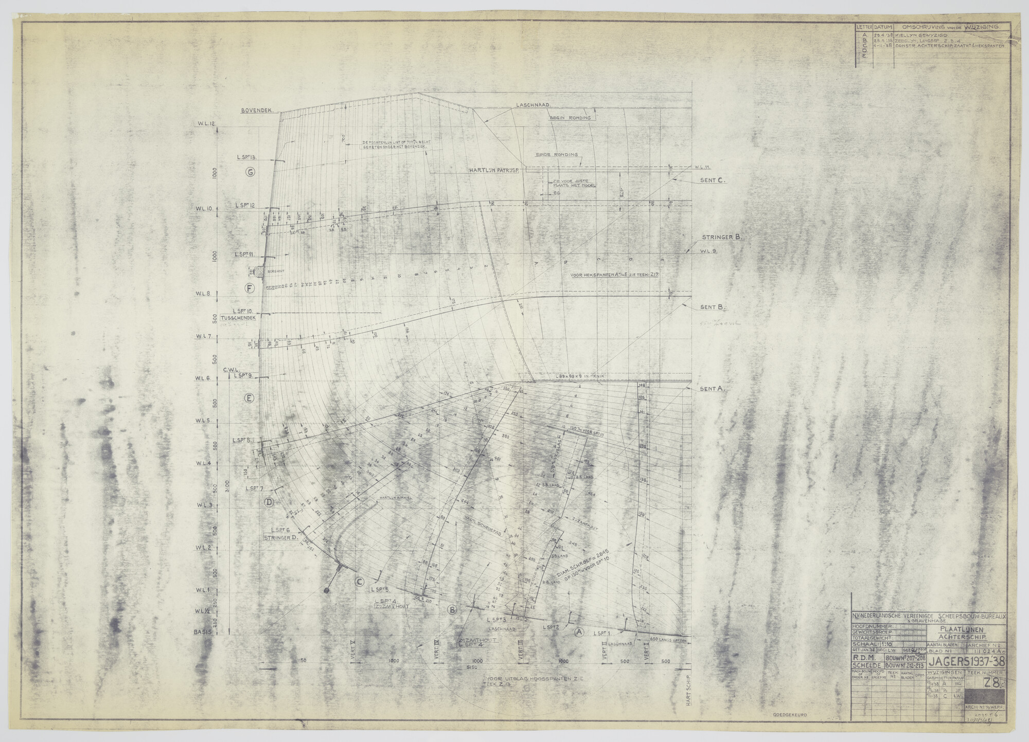 S.2175(3696); Plaatlijnen achterschip van de torpedobootjagers van de Admiralen-klasse 1937 e.v; technische tekening