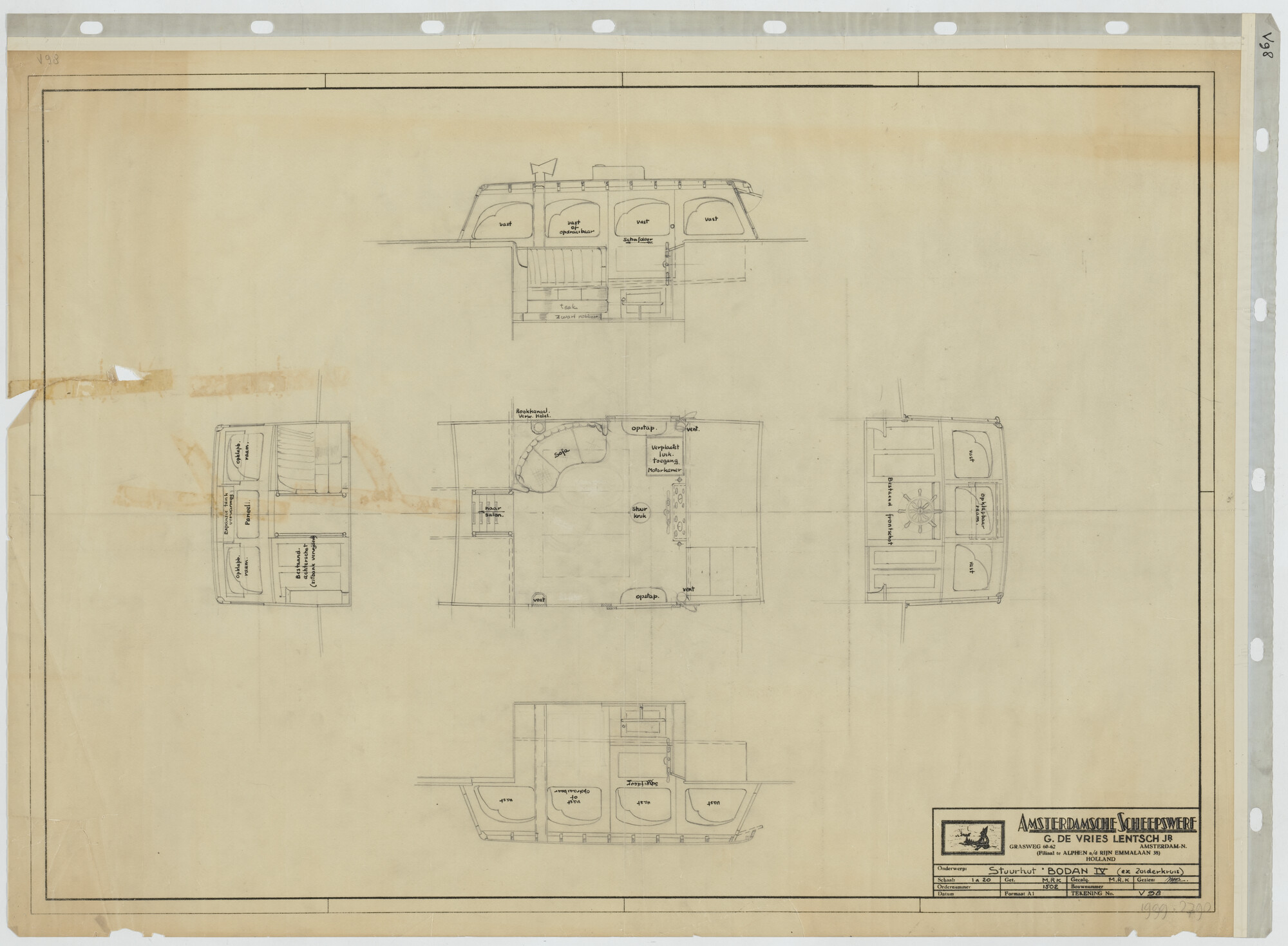 1999.2790; Gewijzigde indeling van de stuurhut van het motorjacht Bodan IV; technische tekening