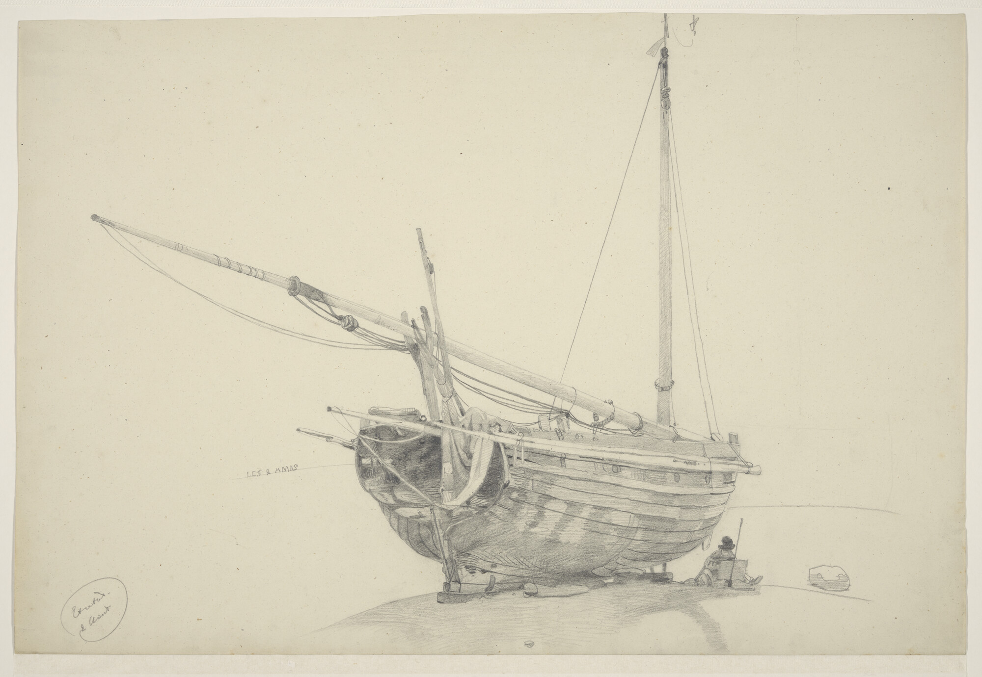 A.0863(13); Een Franse logger op het strand; tekening
