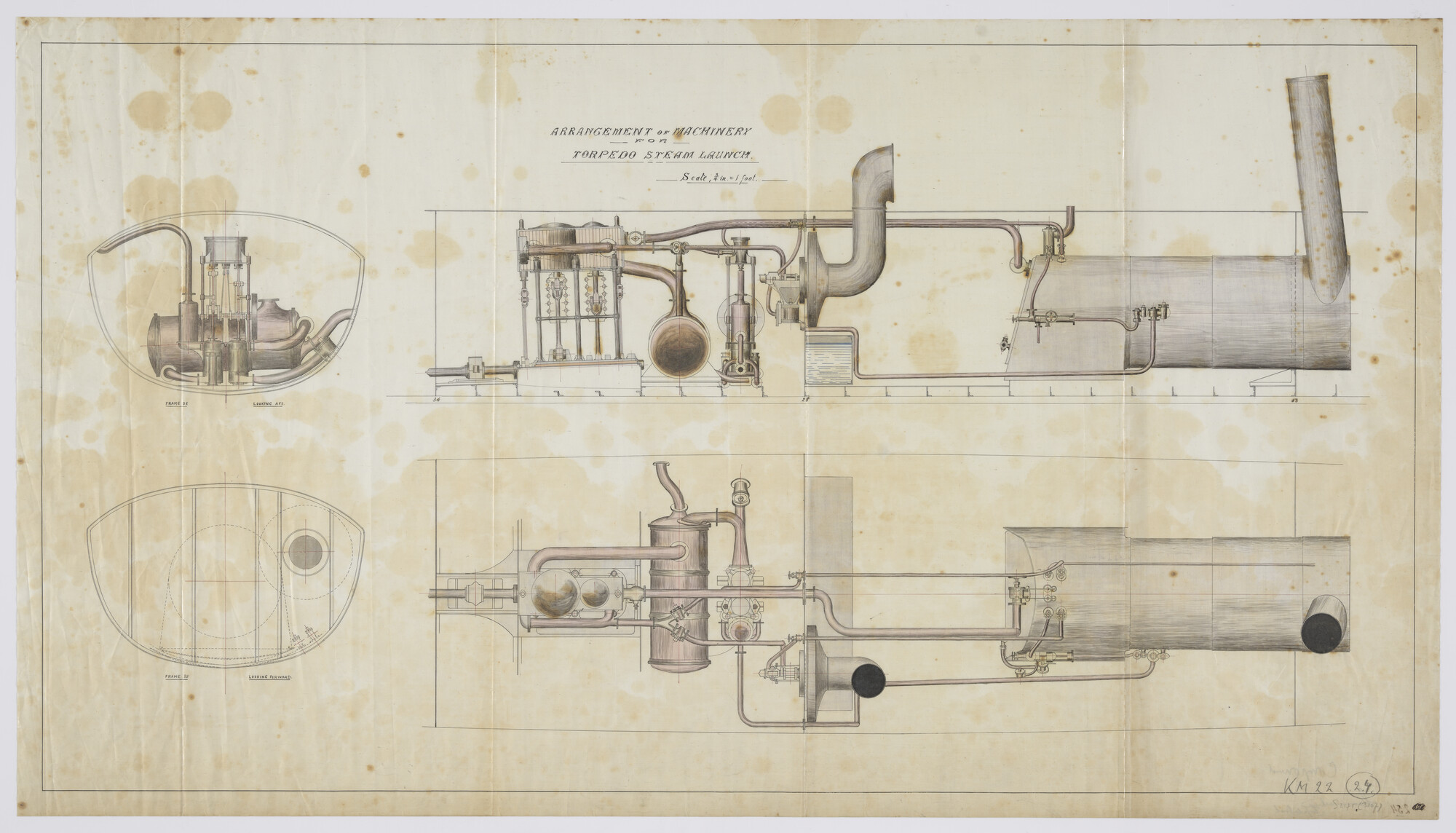 S.2175(3107); Diverse doorsneden van de in 1885 geplaatste stoomlanceerinrichting van Yarrow & Co; technische tekening