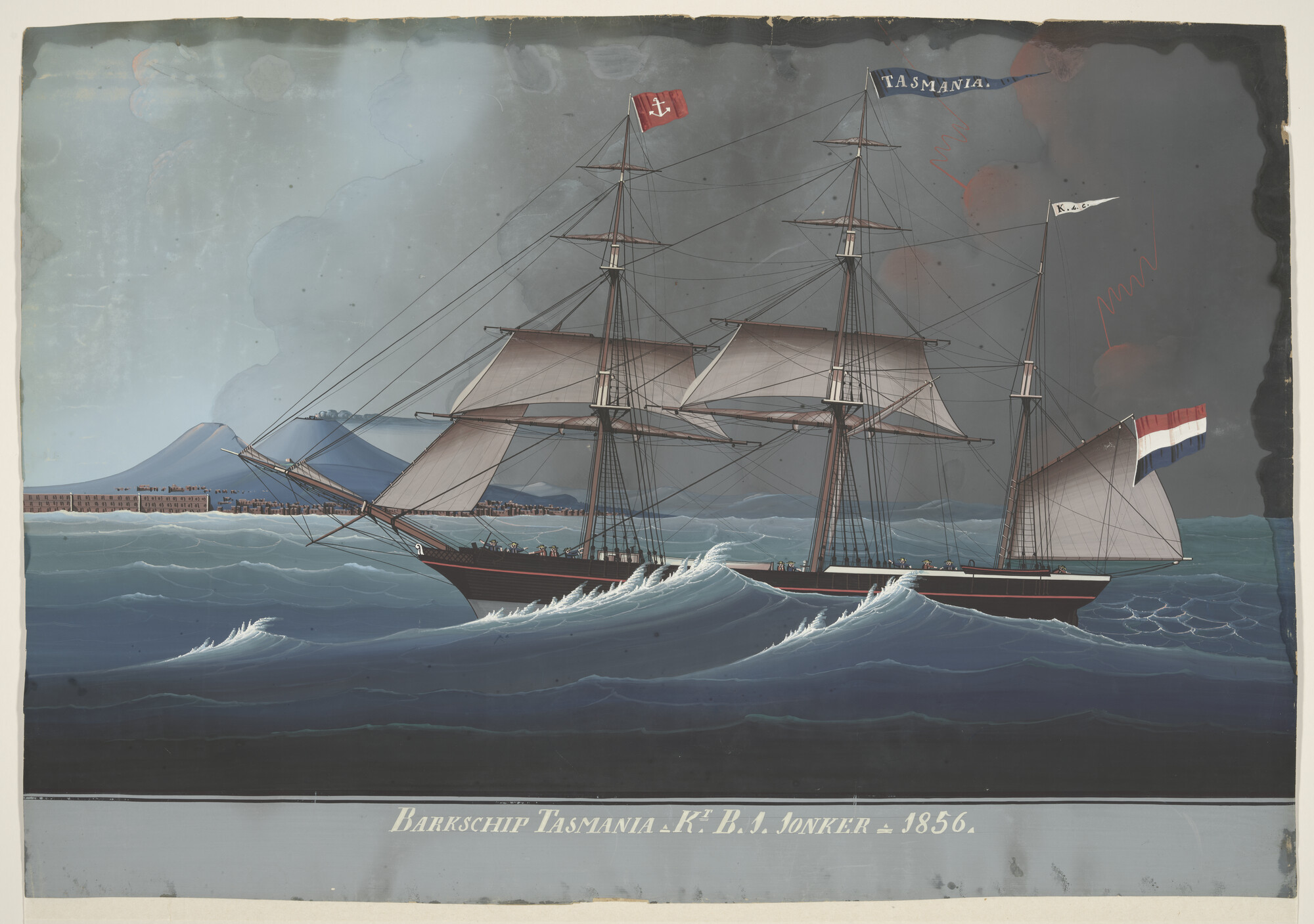A.2912(01); Het barkschip 'Tasmania' onder klien zeil ter hoogte van Napels, met op de achtergrond de Vesuvius; tekening