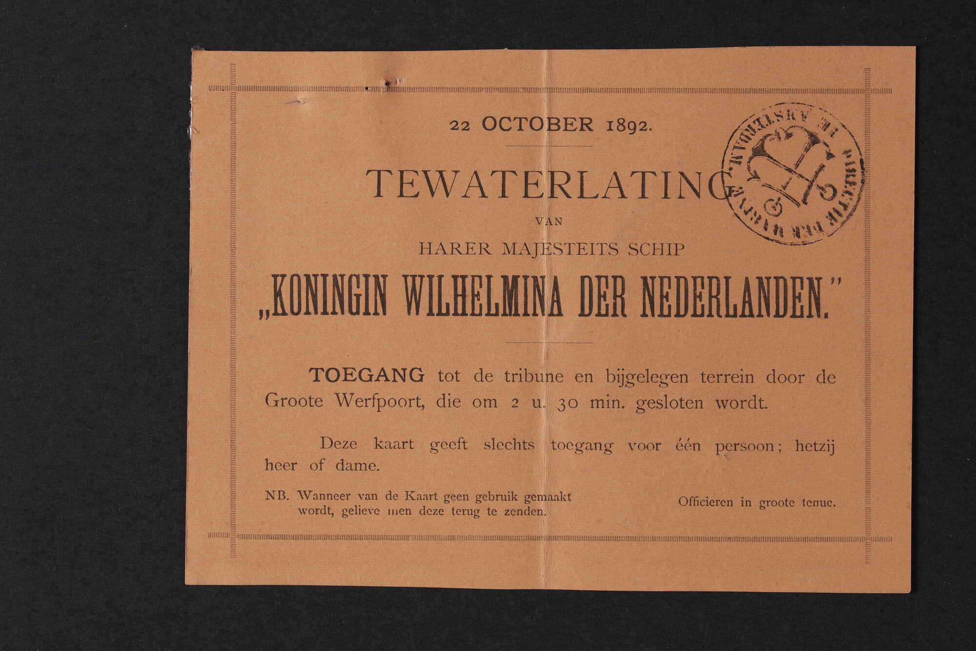S.5232(27)1; Toegangsbewijs tot de tewaterlating van pantserdekschip Hr.Ms. Koningin Wilhelmina der Nederlanden; toegangsbewijs