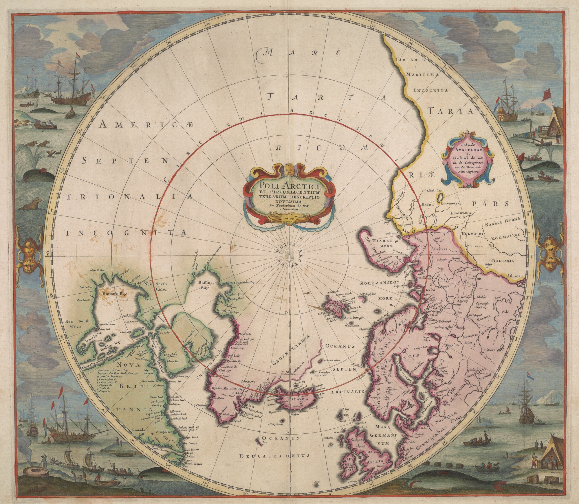 A.5825; Met de hand gekleurde kaart van het Noordpoolgebied tot 50° NB, met scènes van de walvisvangst; poolkaart