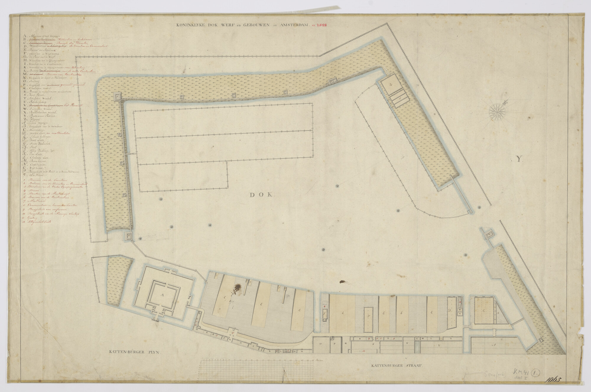 S.1214(0061); Plattegrond van de Koninklijke Dok Werf en Gebouwen te Amsterdam in 1829 met uitvoerige legenda; plattegrond