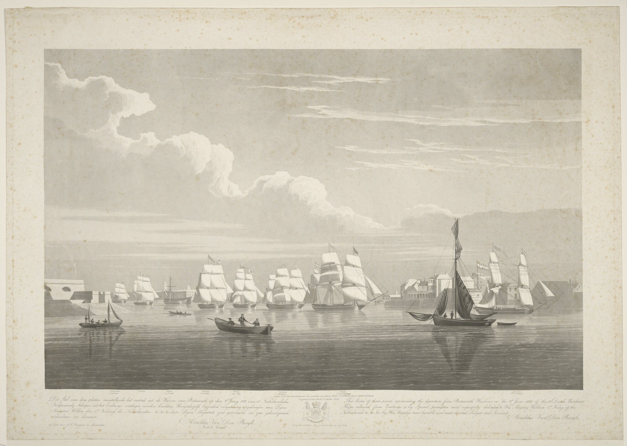 A.0145 [nr 0008]; Vertrek van 12 Nederlandse schepen uit Portsmouth na het opheffen van het embargo in 1833; prent