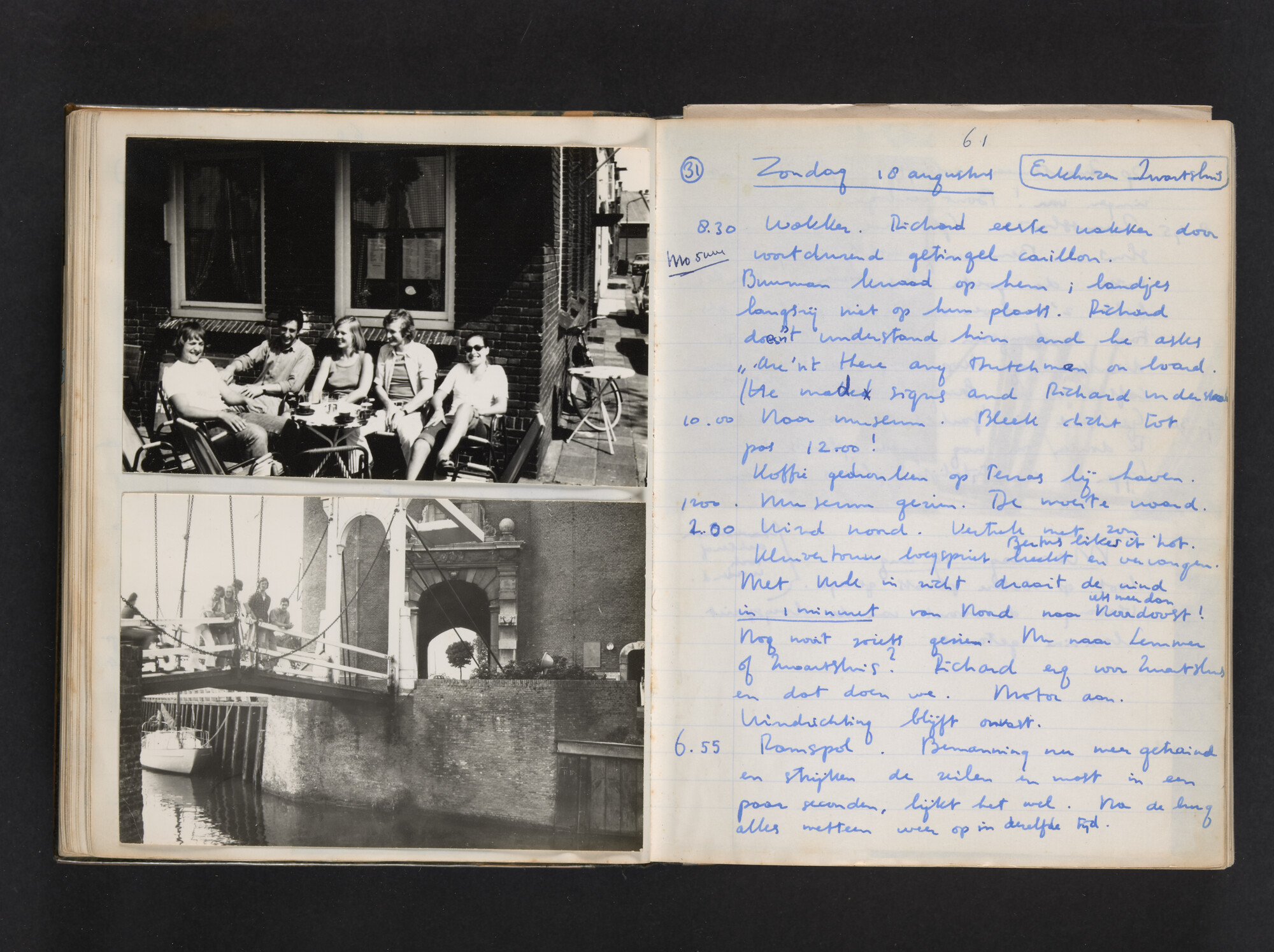 2017.0802; Logboek c.q. fotoalbum van reizen met zeeschouw Grutto (II) in Nederland, Duitsland en Denemarken, 1973-1974; logboek