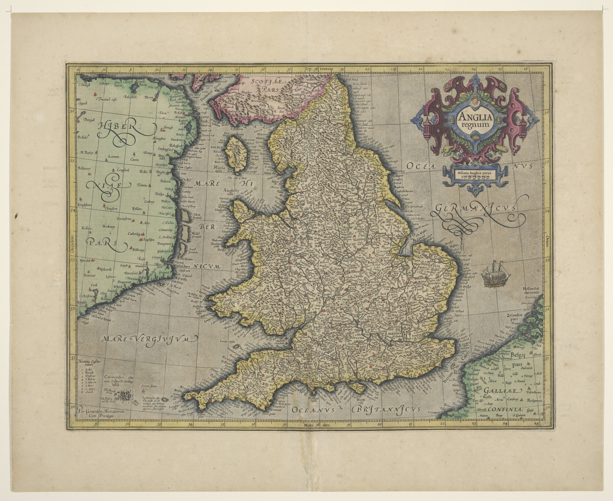 A.3845(01)004; Met de hand gekleurde kaart van Engeland en omringende zeeën door G. Mercator; landkaart