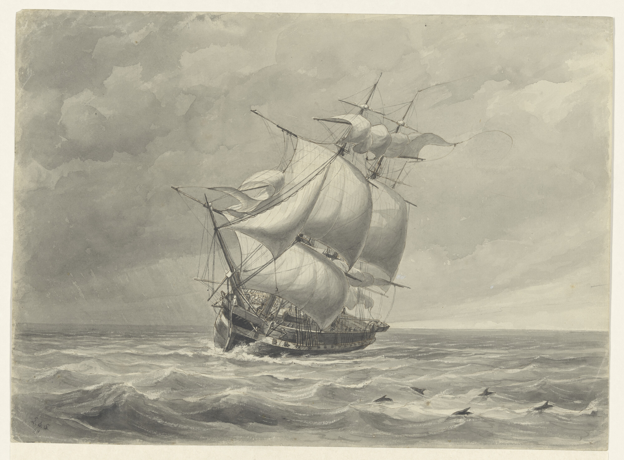S.0634(01) [nr 0006]; Een fregatschip onder zeil; tekening
