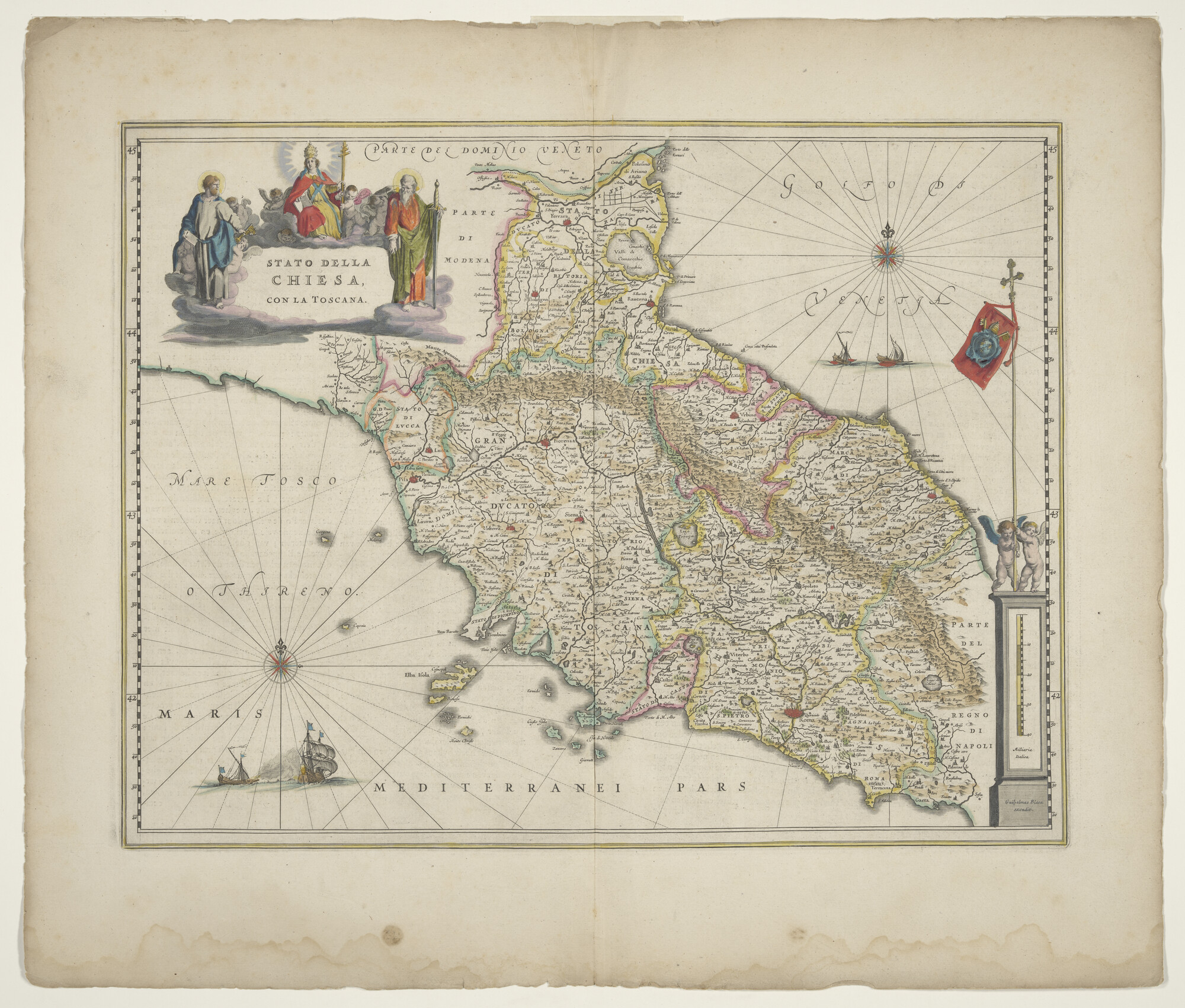 B.0216(0290); Met de hand gekleurde kaart van een gedeelte van het Italiaanse schiereiland tussen Toscane en Chiesa; landkaart
