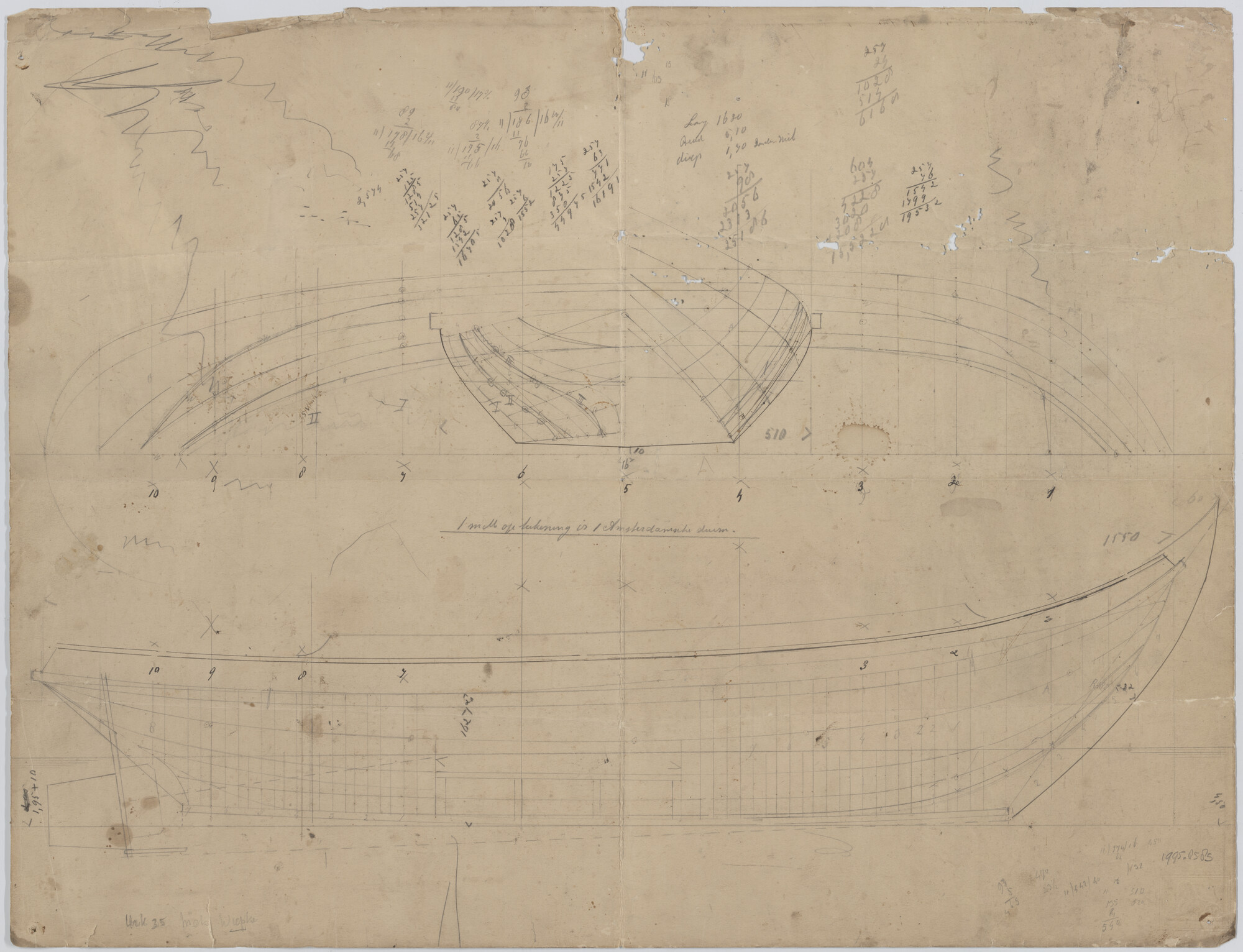 1995.8585; Constructietekening met bovenaanzicht en verticale doorsnede van de replica Oostindiëvaarder Amsterdam; technische tekening